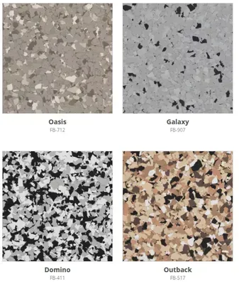 Four speckled floor tile samples: Oasis, Galaxy, Domino, and Outback, each with varying colors and patterns.