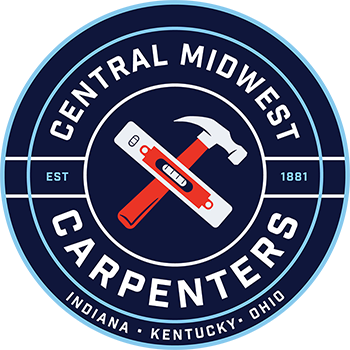 Central Midwest Carpenters logo: a hammer and level crossed, over Indiana, Ken, and Ohio, dark blue and white circular badge.