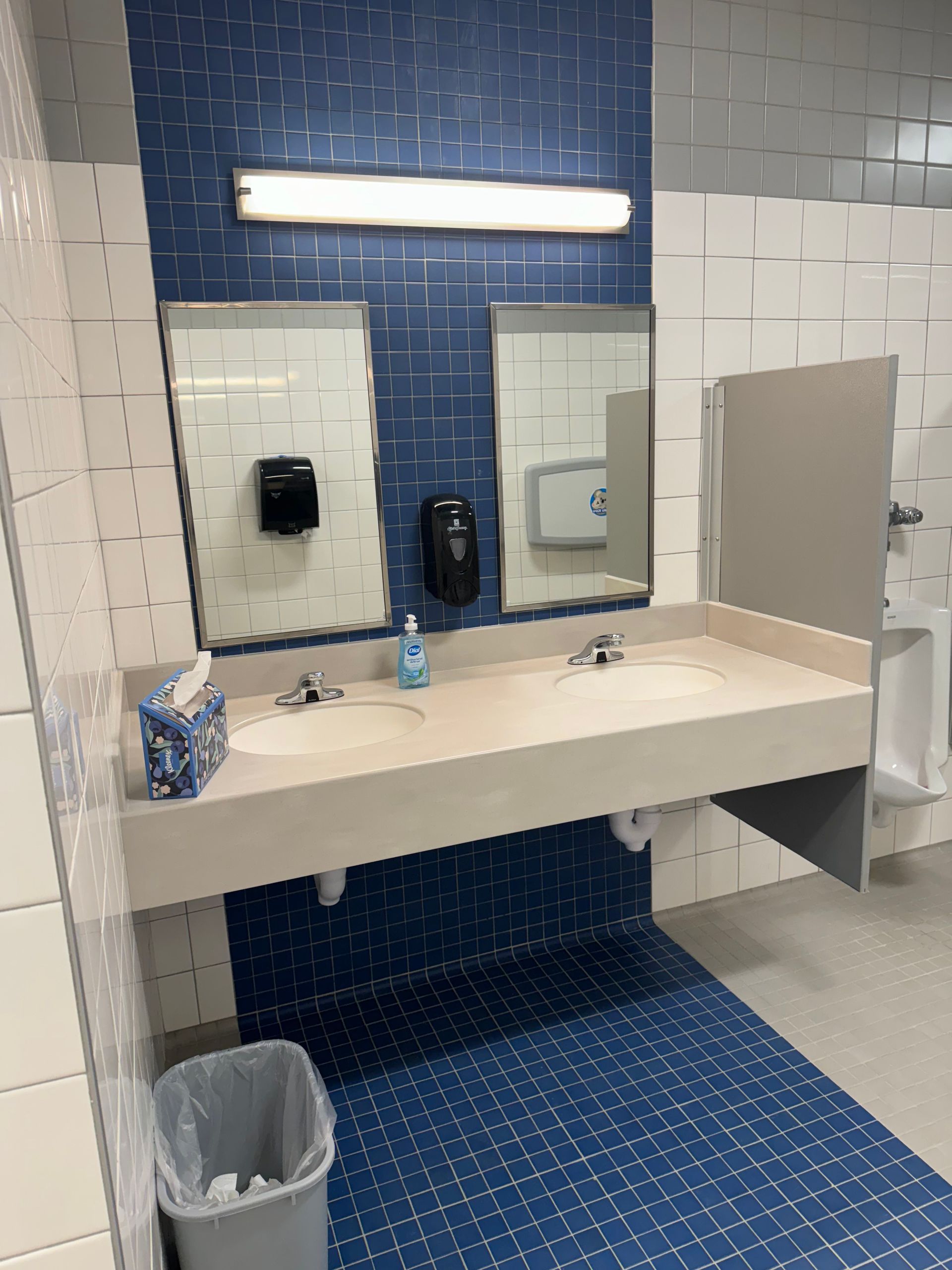 Public restroom with blue and white tile, two sinks, mirrors, and a urinal.