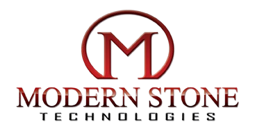 A modern stone technologies logo with a red m in a circle