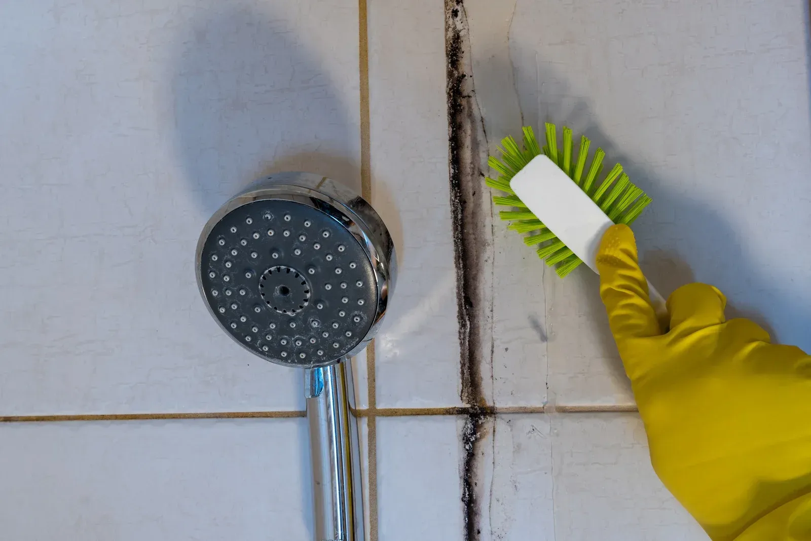 A person is cleaning a shower head with a brush.