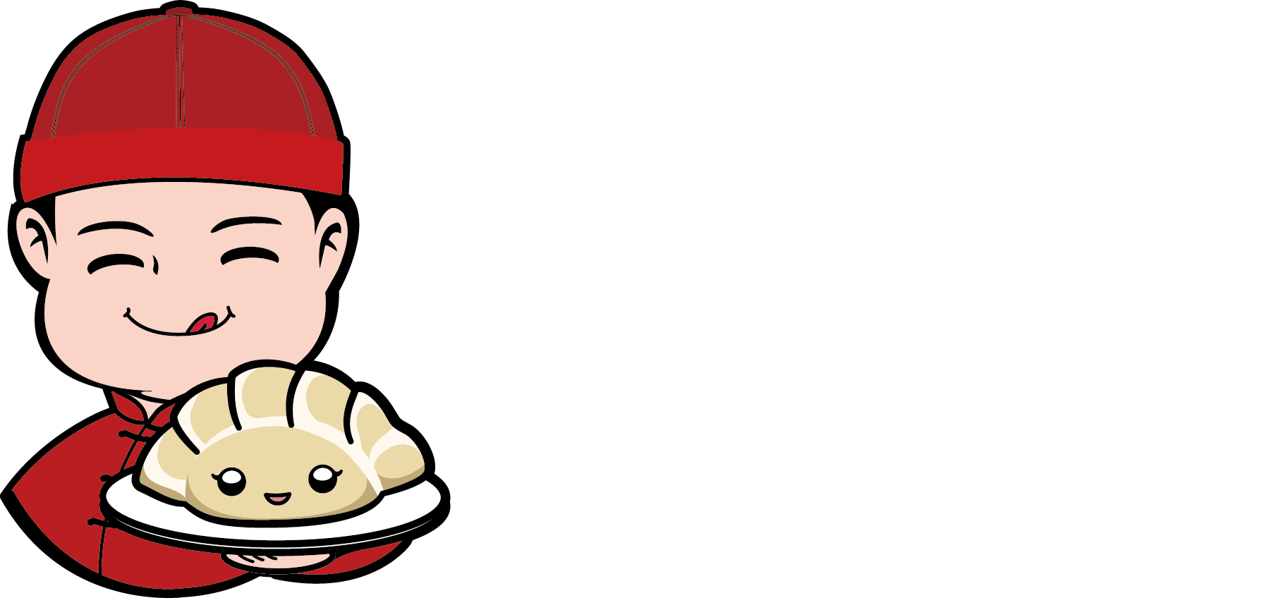A cartoon character in red traditional attire holds a smiling, anthropomorphic dumpling on a plate.