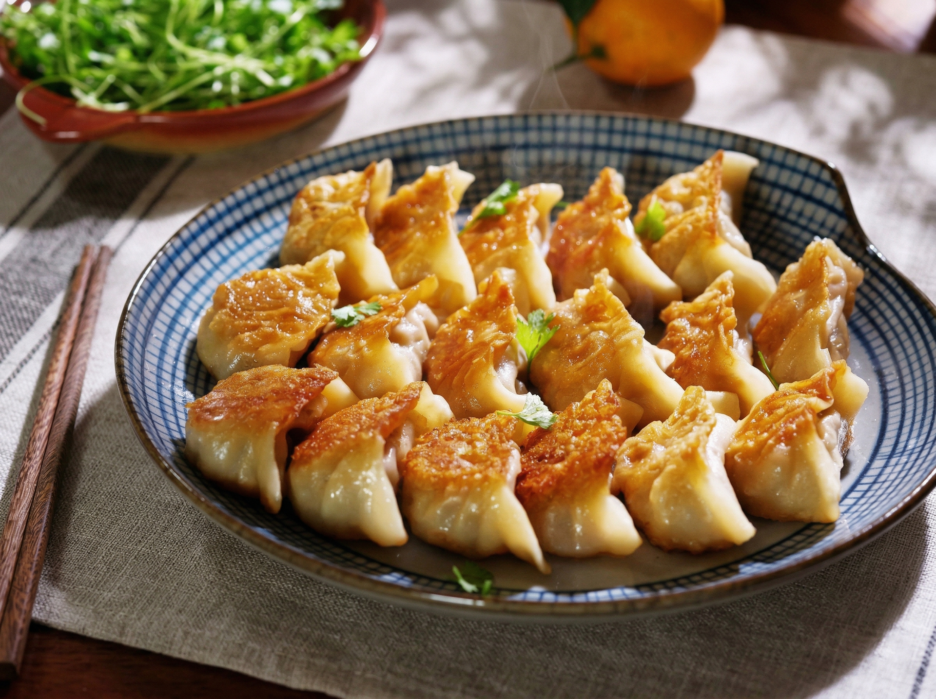 A plate of golden-brown pan-fried dumplings arranged on a patterned dish next to chopsticks and a bowl of greens.