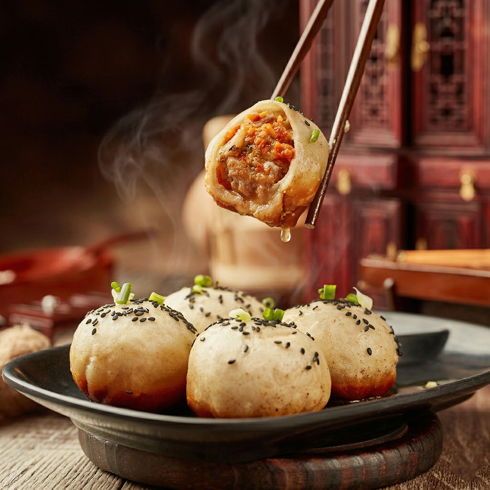 Chopsticks hold a steaming, golden-brown pan-fried bun with a meaty filling over a platter of similar buns.