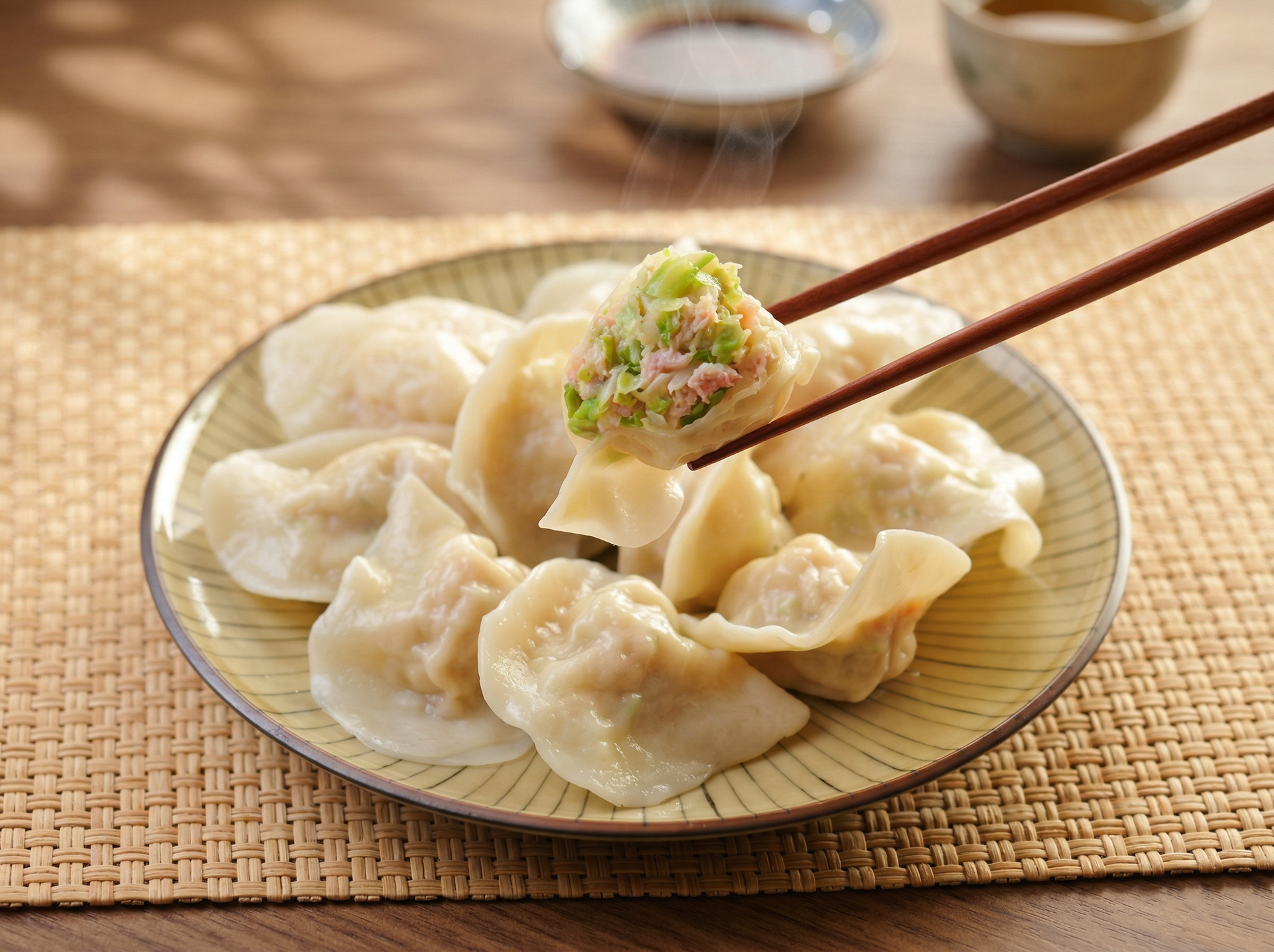 A pair of chopsticks holds a steamed dumpling, showing its filling, over a plate of dumplings on a straw mat.