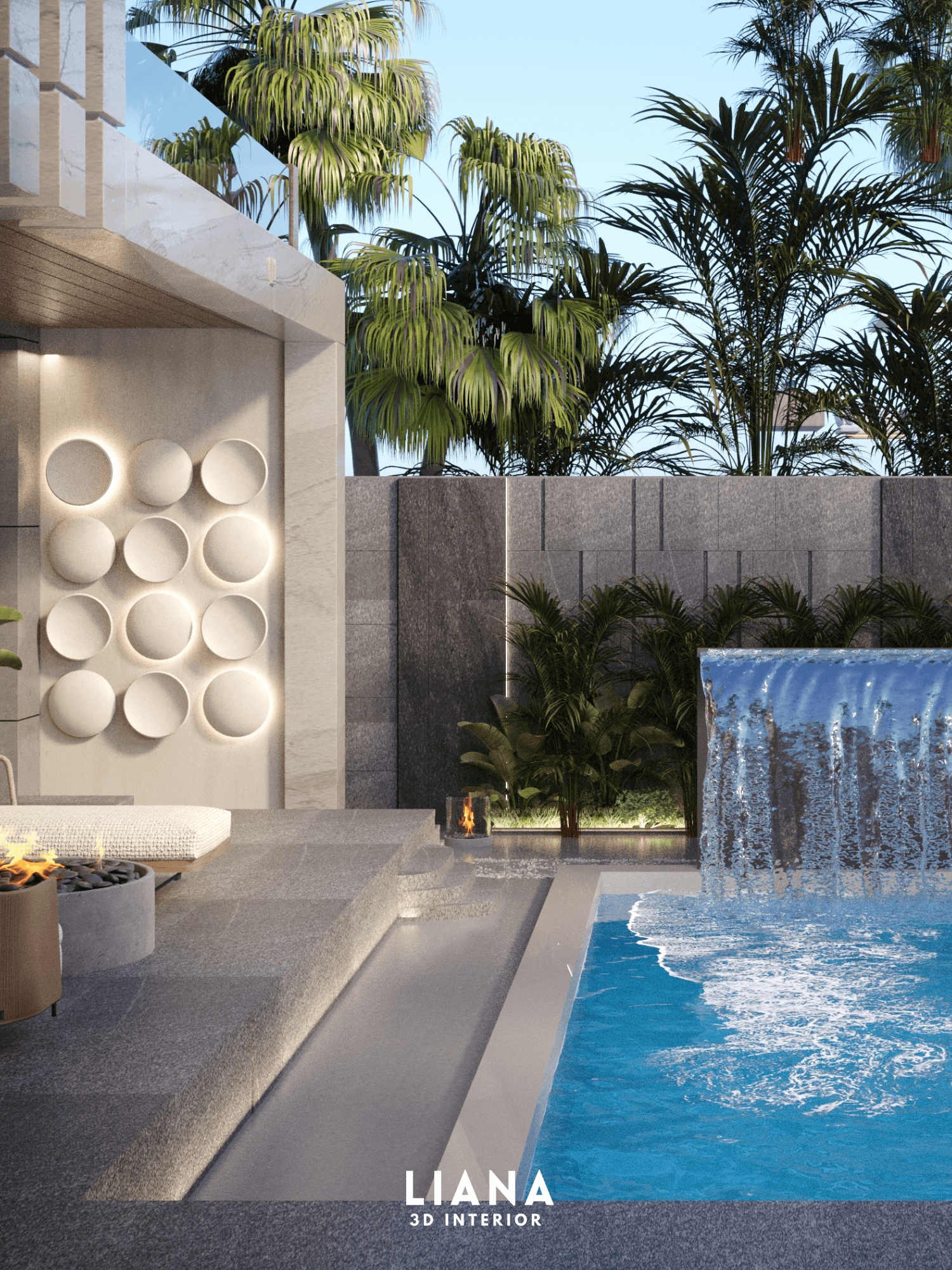 Poolside scene with waterfall, pool, and lounge area with white decor and lush greenery. Beautiful scenary of Villa, 3D Exterior Design Visuals of Luxurious Property
