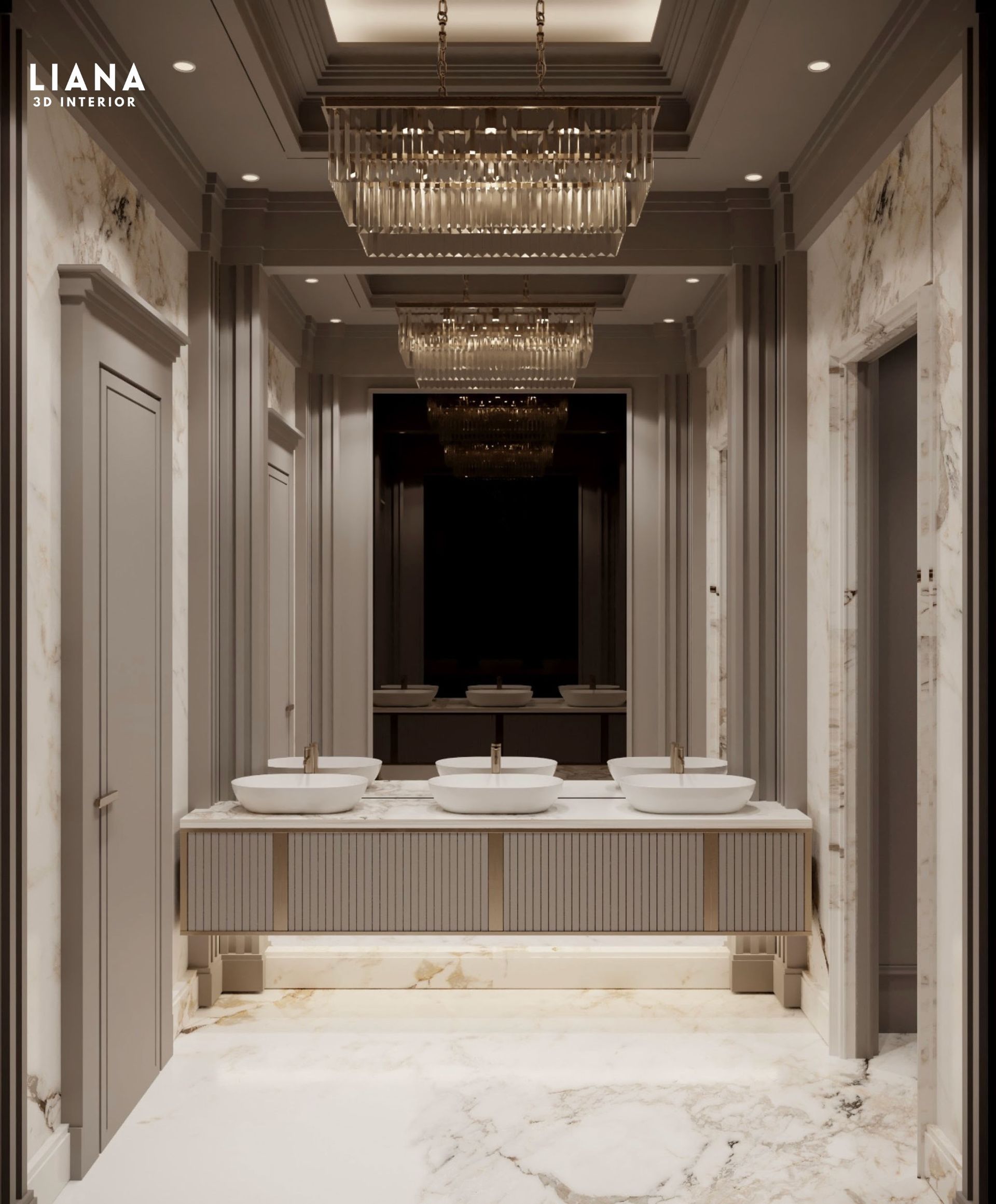 Luxurious bedroom with marble wall, platform bed, and neutral tones. 3D Interior Design and Visualization of Modern Bedroom 