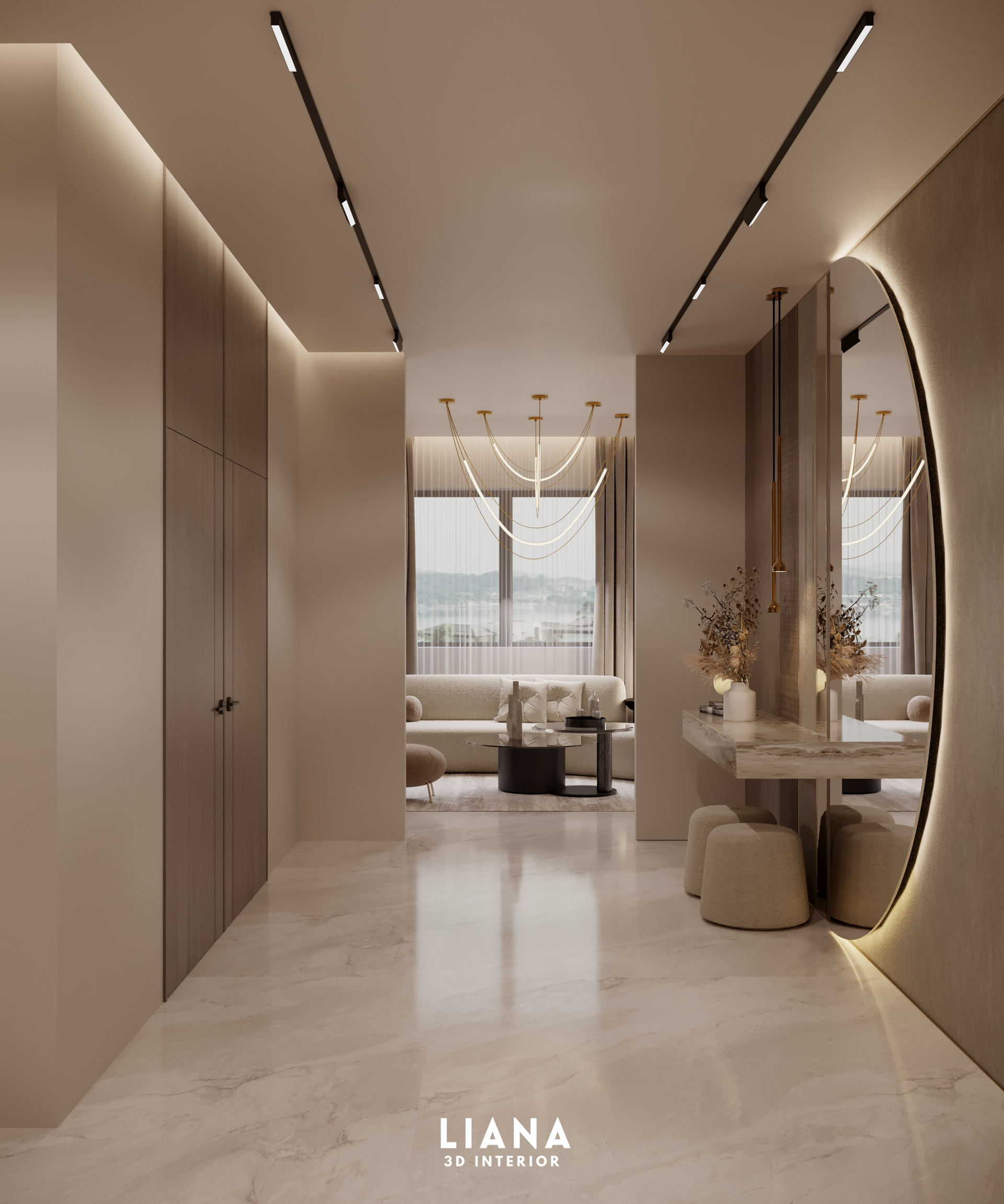 Elegant hallway with marble floors, large mirror, and soft neutral tones leading to a living room. 3D Visualization