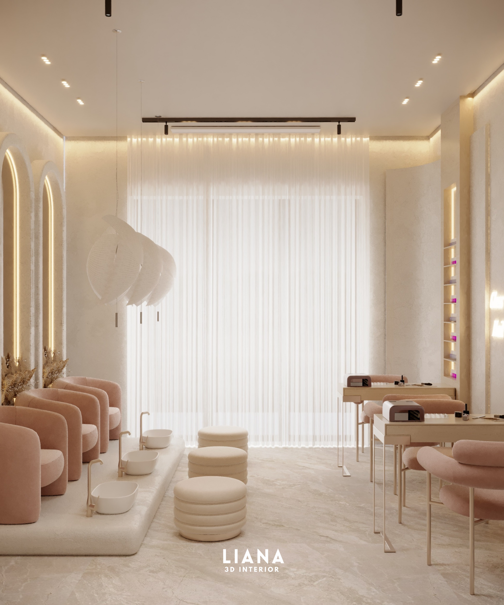Elegant nail salon with blush pink chairs, marble floor, and soft lighting.