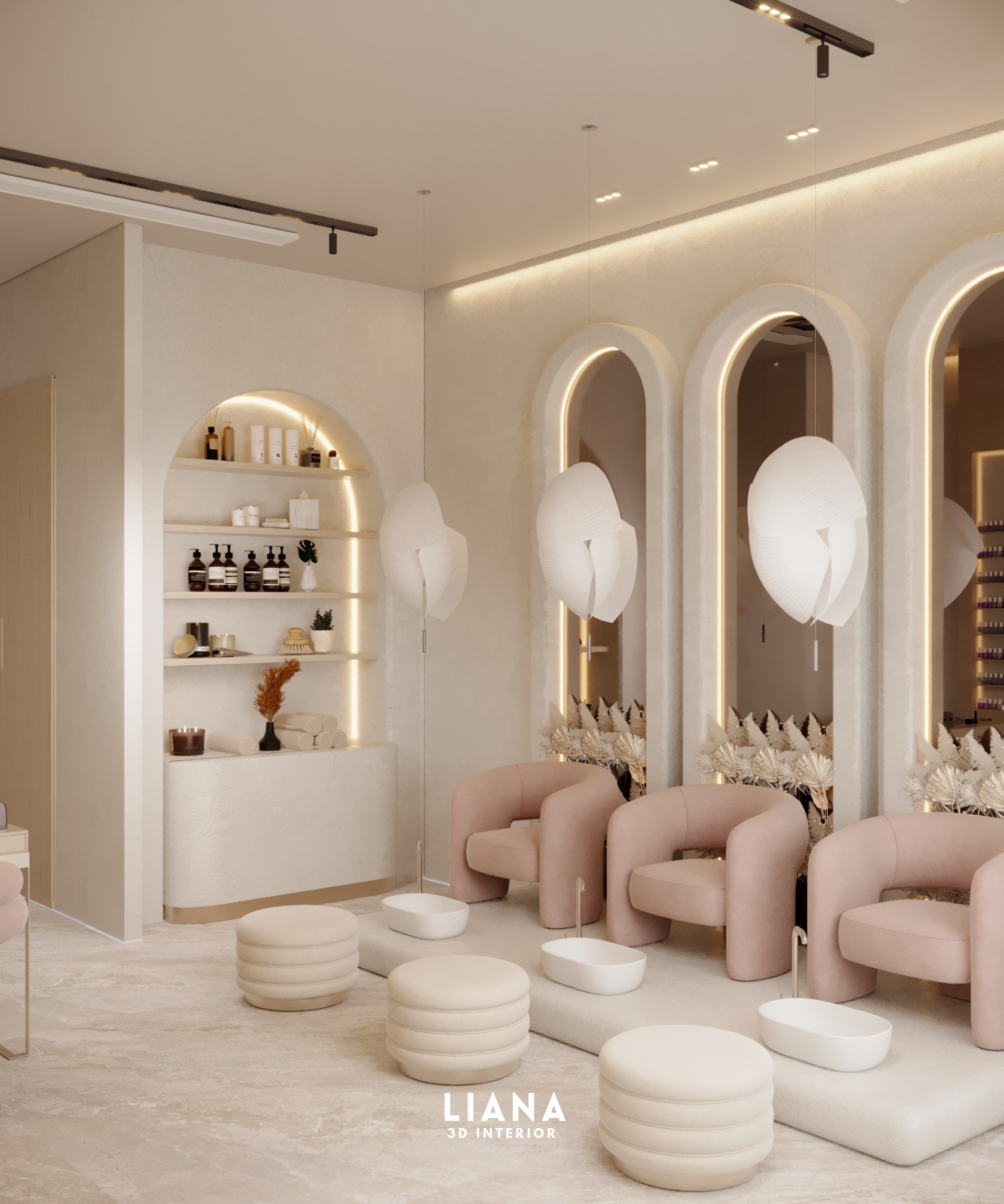 A stylish nail salon with pink chairs, arched mirrors, and soft lighting.