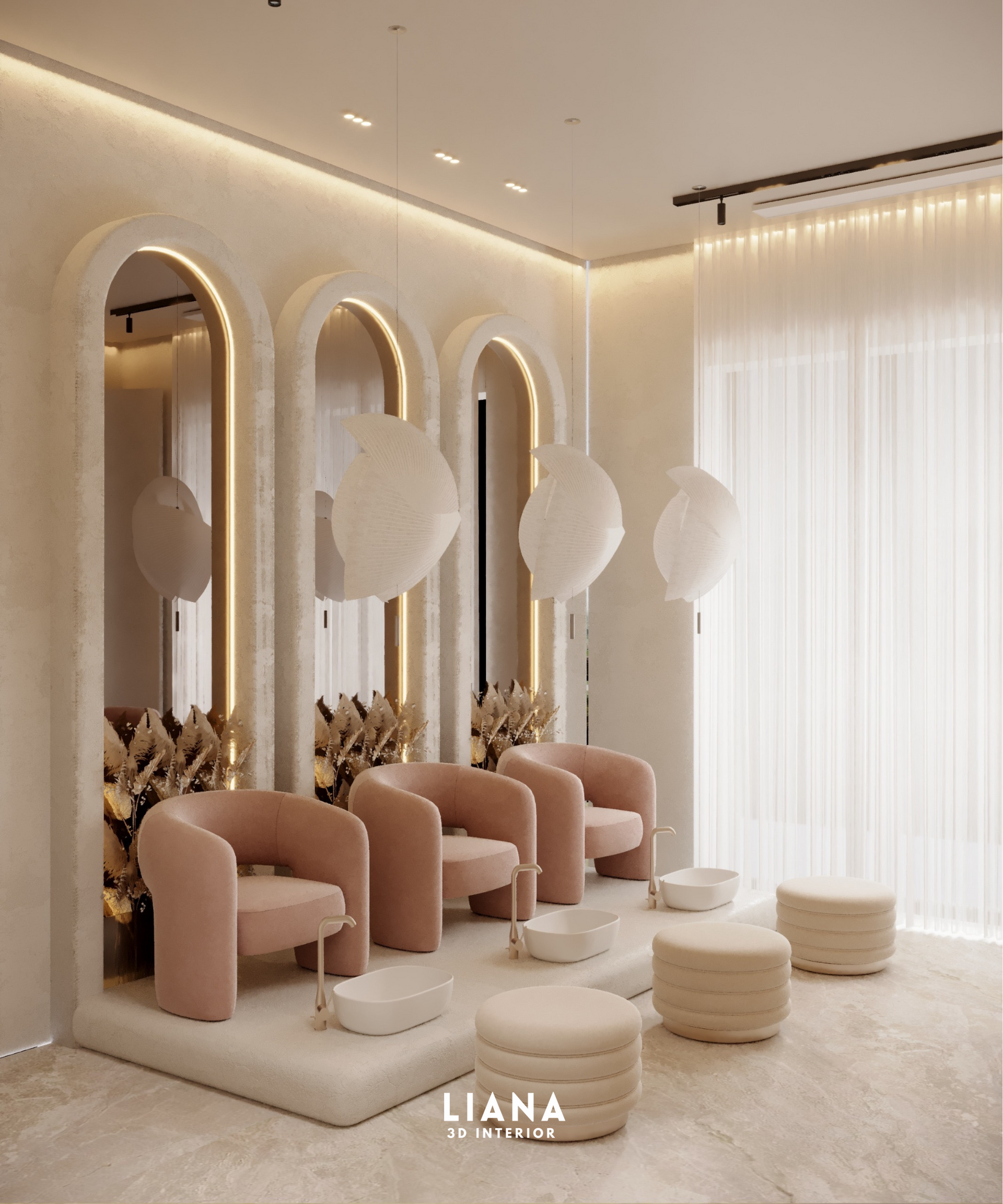 Pink nail salon with arched mirrors, chairs, and footrests; cream and beige accents. Pedicure Area, 3D Interior Design, Architectural Visualization