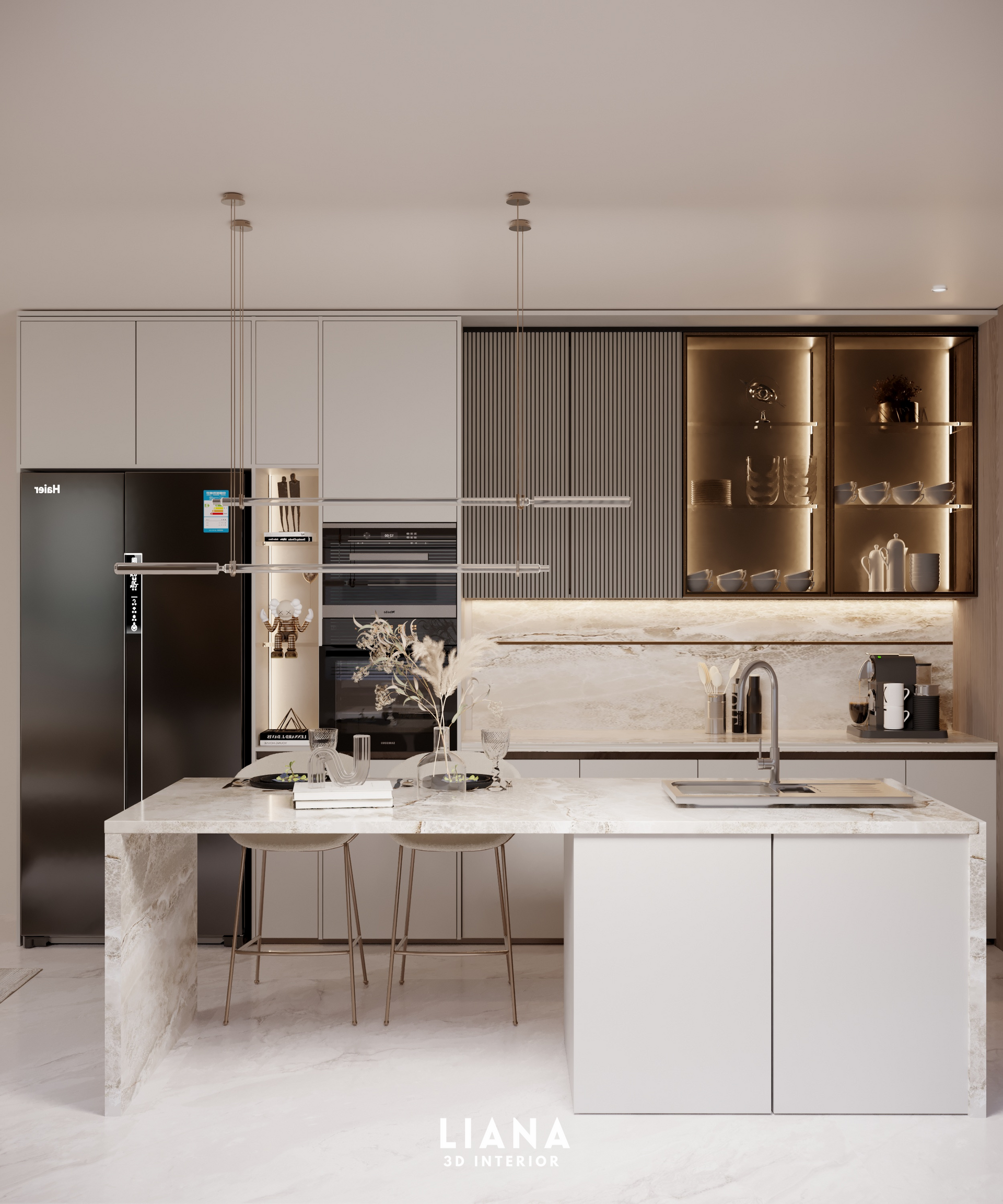 Modern kitchen with marble island, light cabinets, and black refrigerator. Kitchen Architecture Interior Design Visualization, Arrangement and Organization 