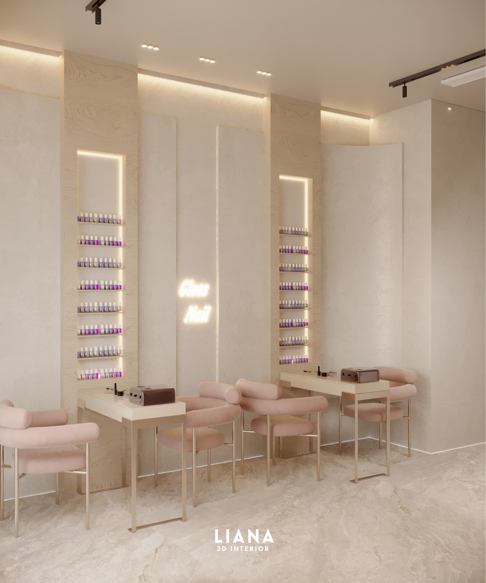 A nail salon interior with pink chairs, light tables, and shelves of nail polish against a beige wall. Nail Station, Interior Visualization 