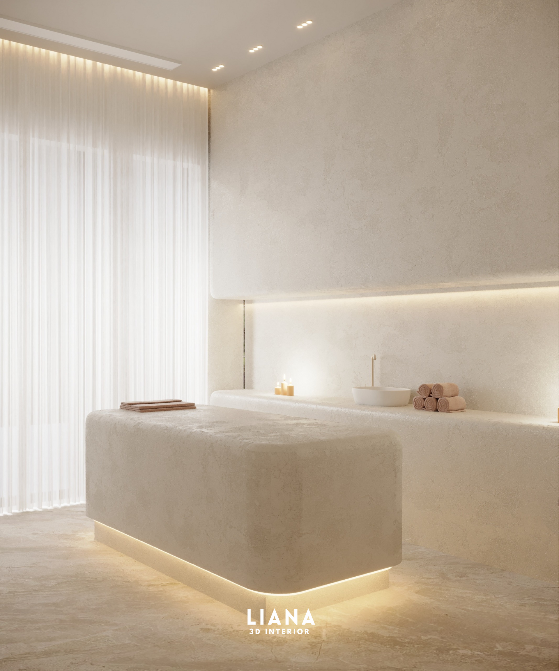 Neutral-toned spa room with massage table illuminated from below, sheer curtains, and ambient lighting. Morroccan Bath 3D Interior Visualization