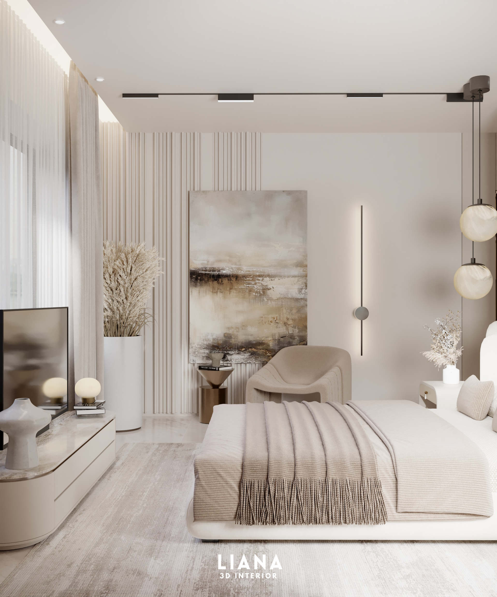 Elegant bedroom with neutral tones. Features a bed, chair, artwork, and modern lighting.
