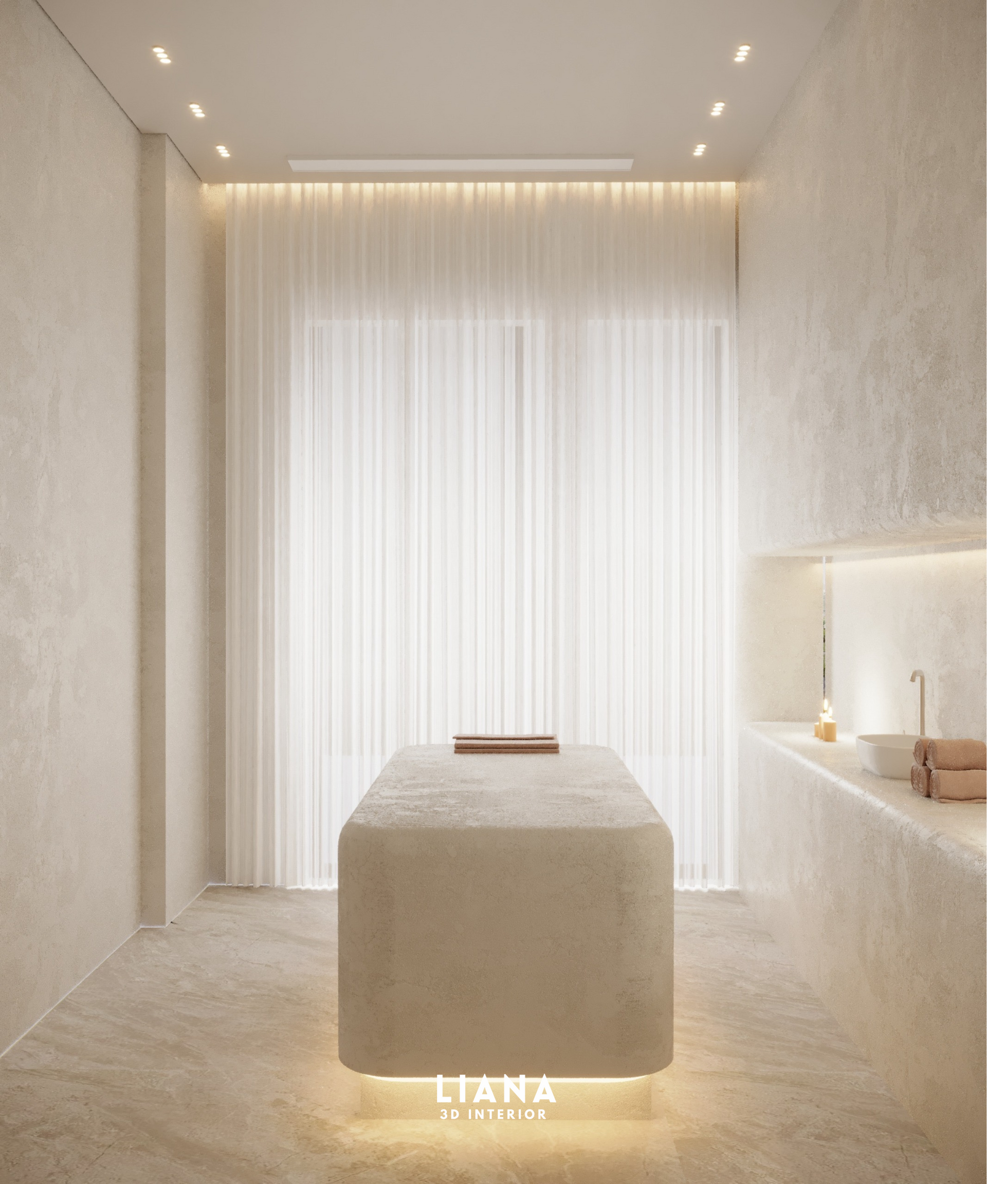 Minimalist spa room in beige tones with a massage table and sheer curtains. Interior Visualization, Morrocan bath 