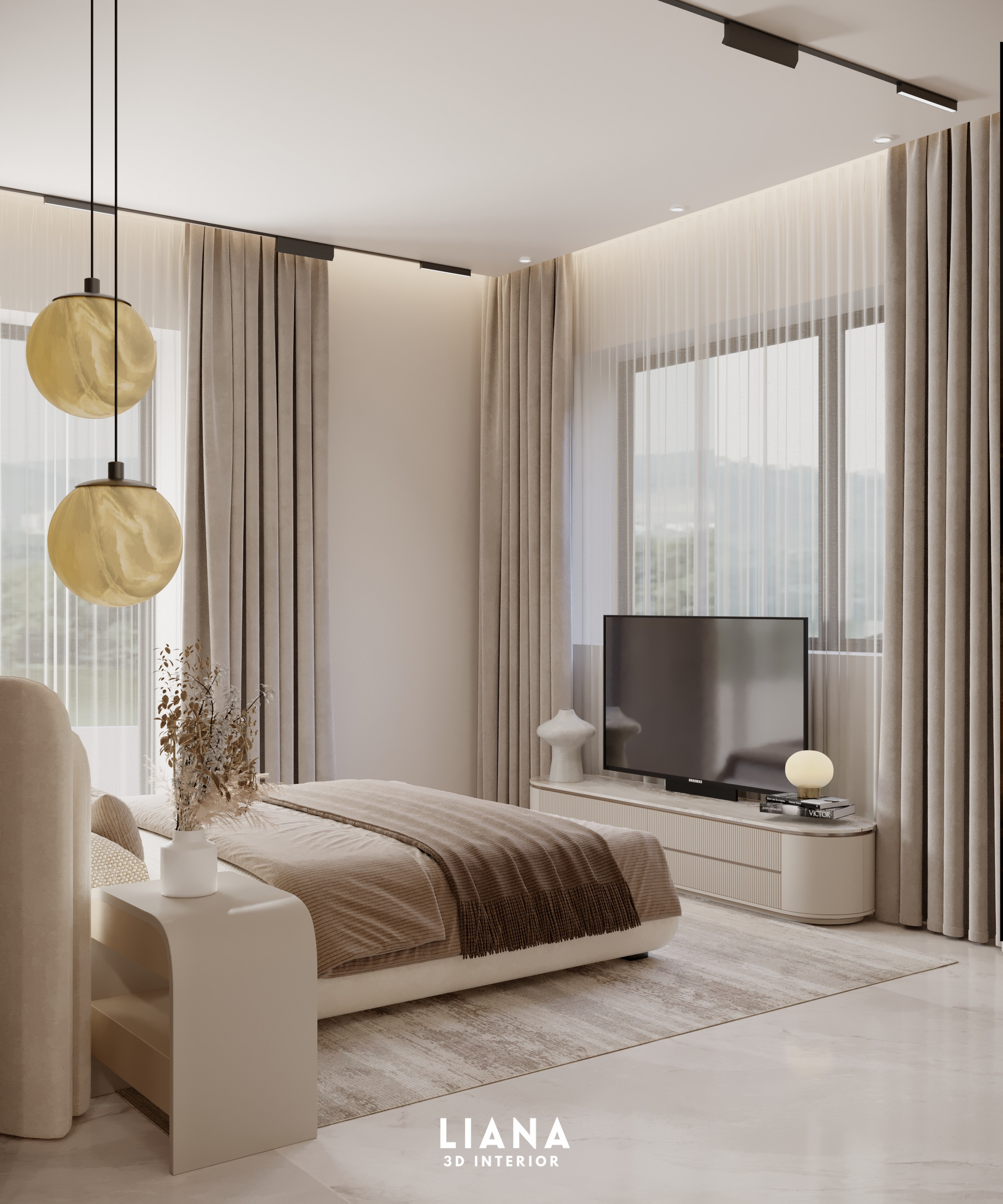 Neutral-toned modern bedroom with bed, TV, window, and hanging globe lights.
