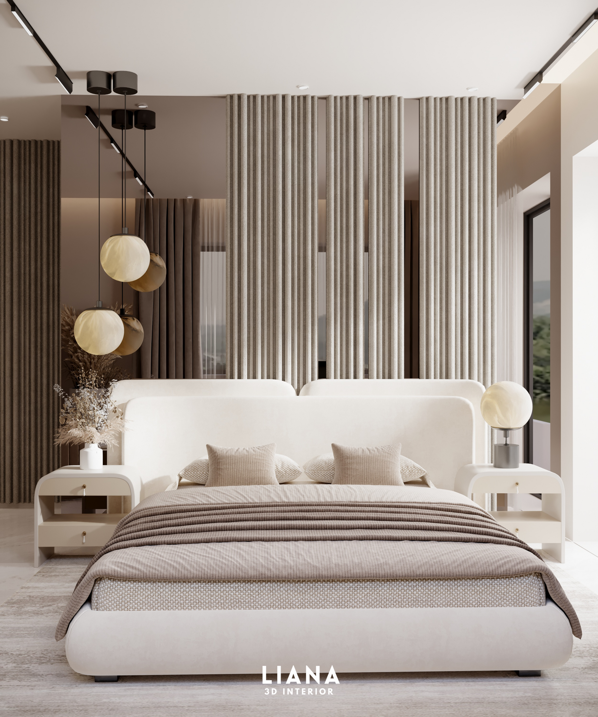 Elegant bedroom with white bed, nightstands, and decorative wall. Beige and brown tones.