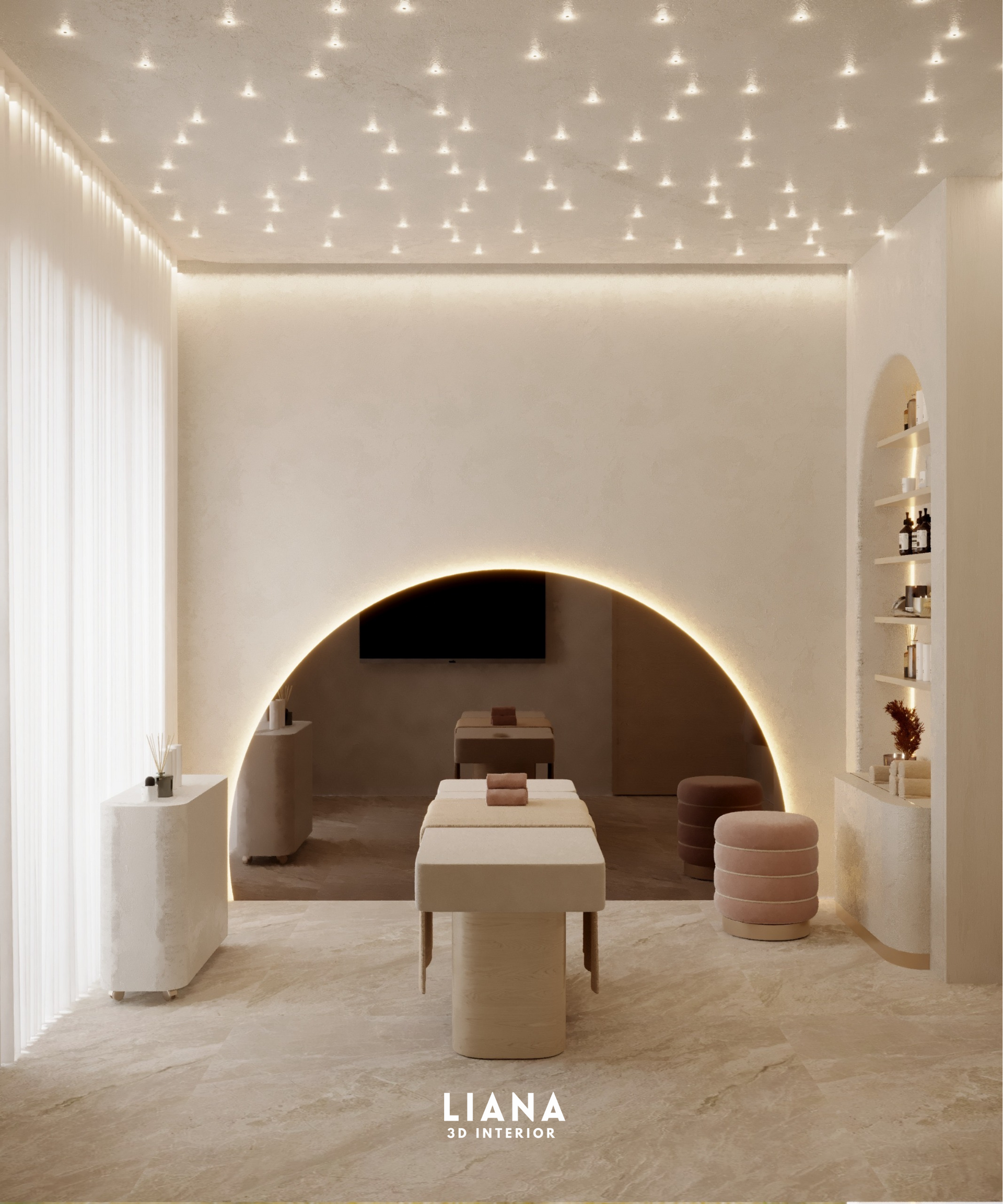 A cream-colored spa room with a treatment table, arched mirror, and star-like ceiling lights.