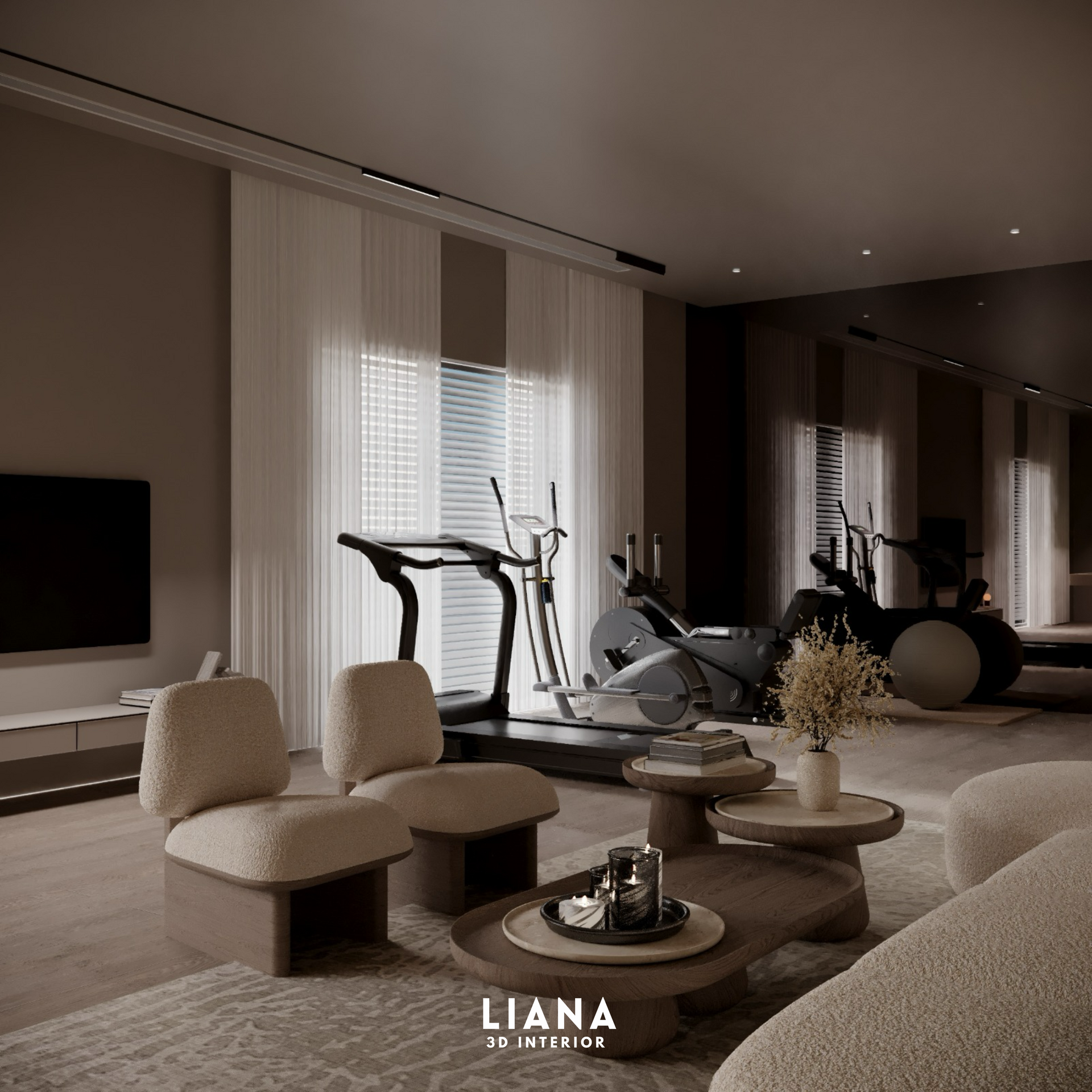 Modern home gym with exercise equipment, cream-colored seating, and a coffee table.