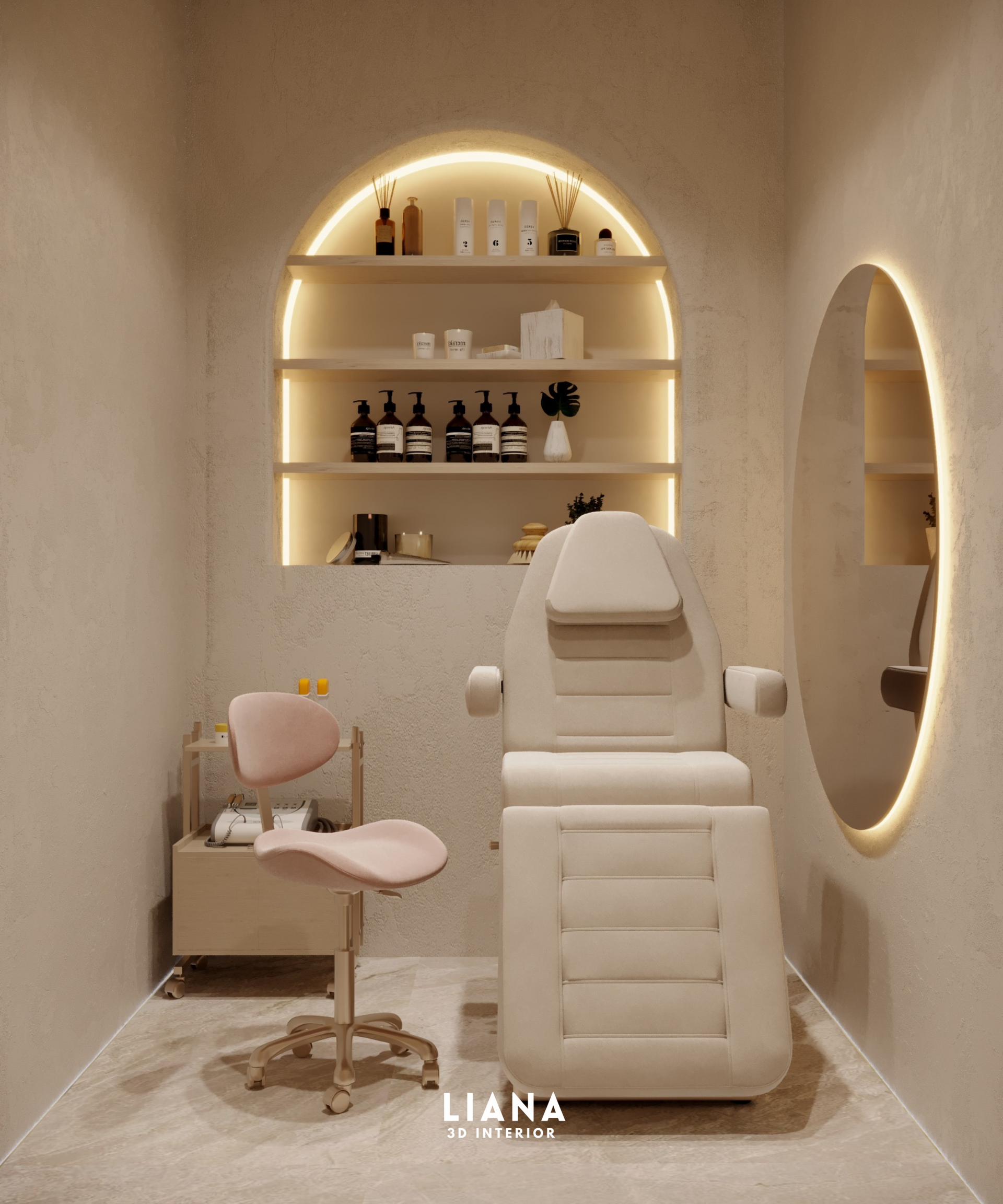 Aesthetic spa treatment room with beige and pink accents: treatment chair, shelf with products, and round mirror.
