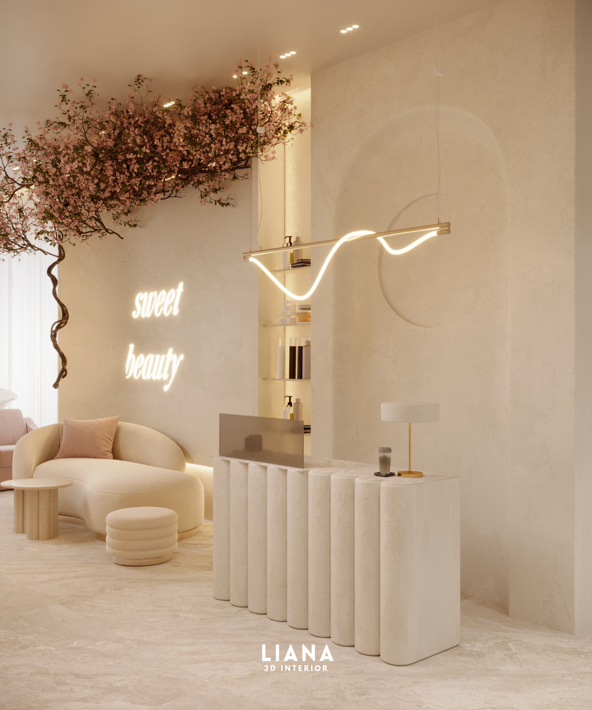 Aesthetic beauty salon with a cream-colored reception desk, sofa, and a cherry blossom-like floral installation.Architectural Rendering, Beauty Salon. 