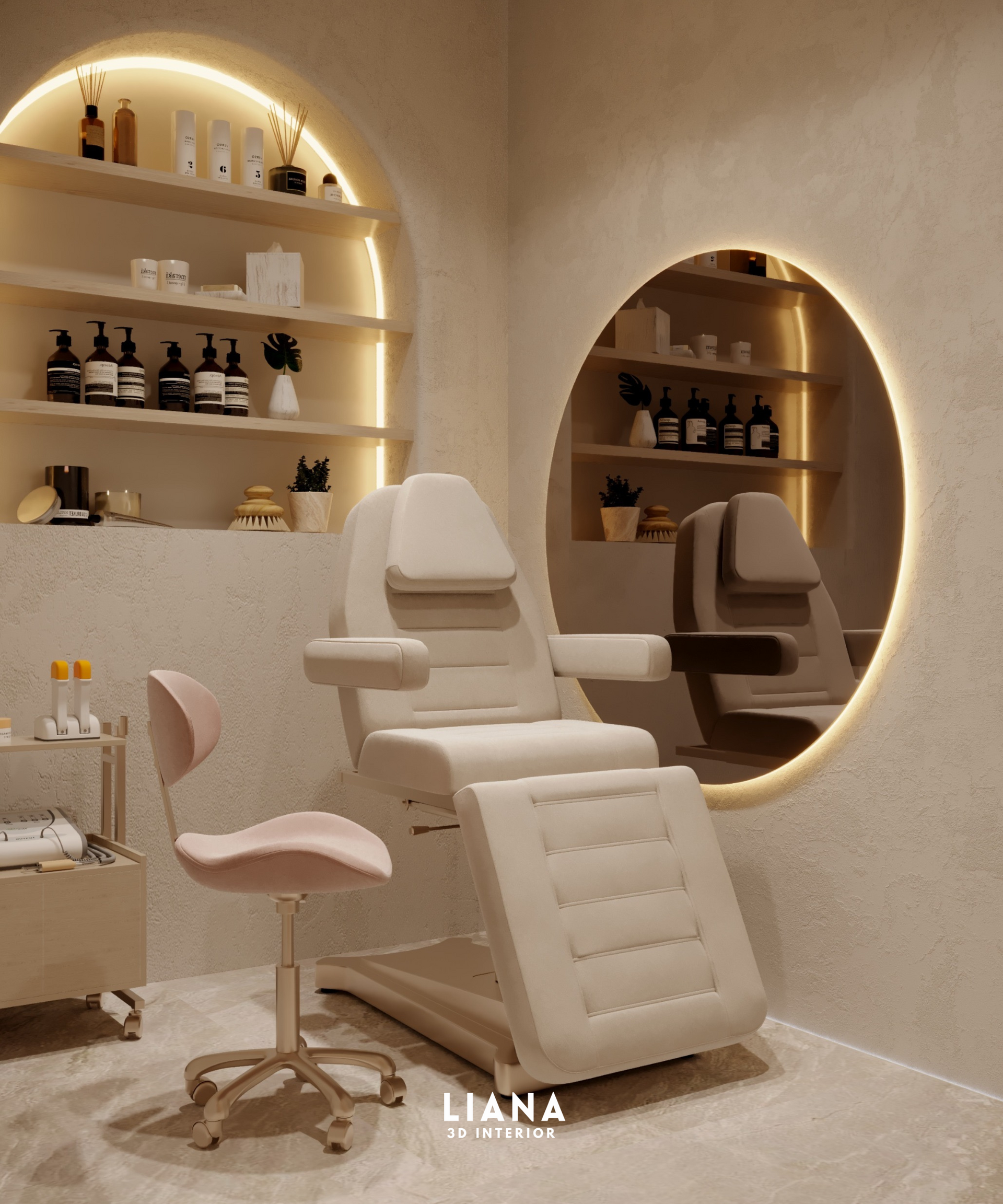 A beauty treatment room with a white reclining chair, pink chair, and round mirror lit by a warm glow. Hair treatment area, Lash Room Interior Visualization