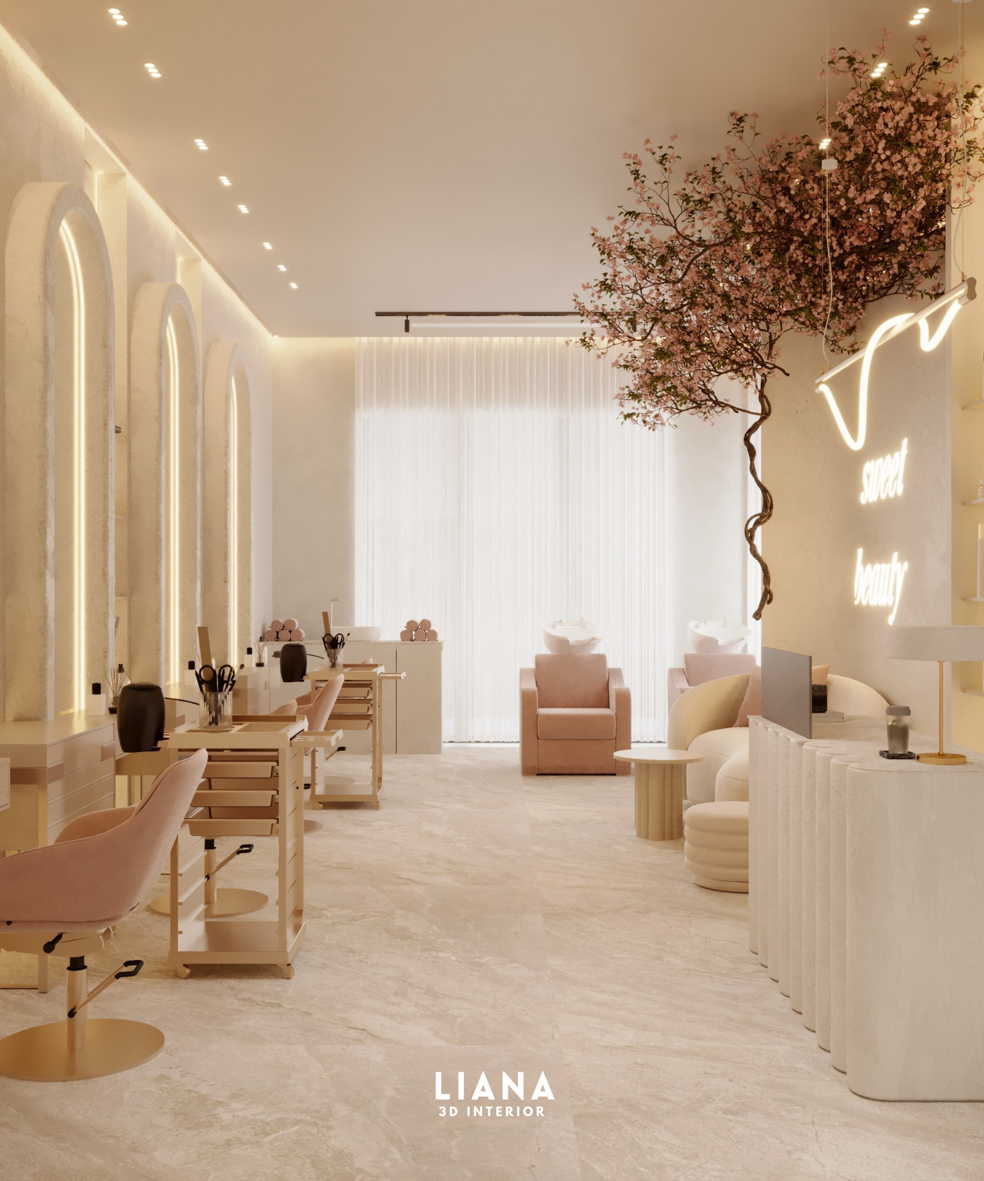 A light and airy nail salon with pink and cream decor, arched wall details, and a decorative tree. Interior Visualization, Commercial Rendering, Architecture