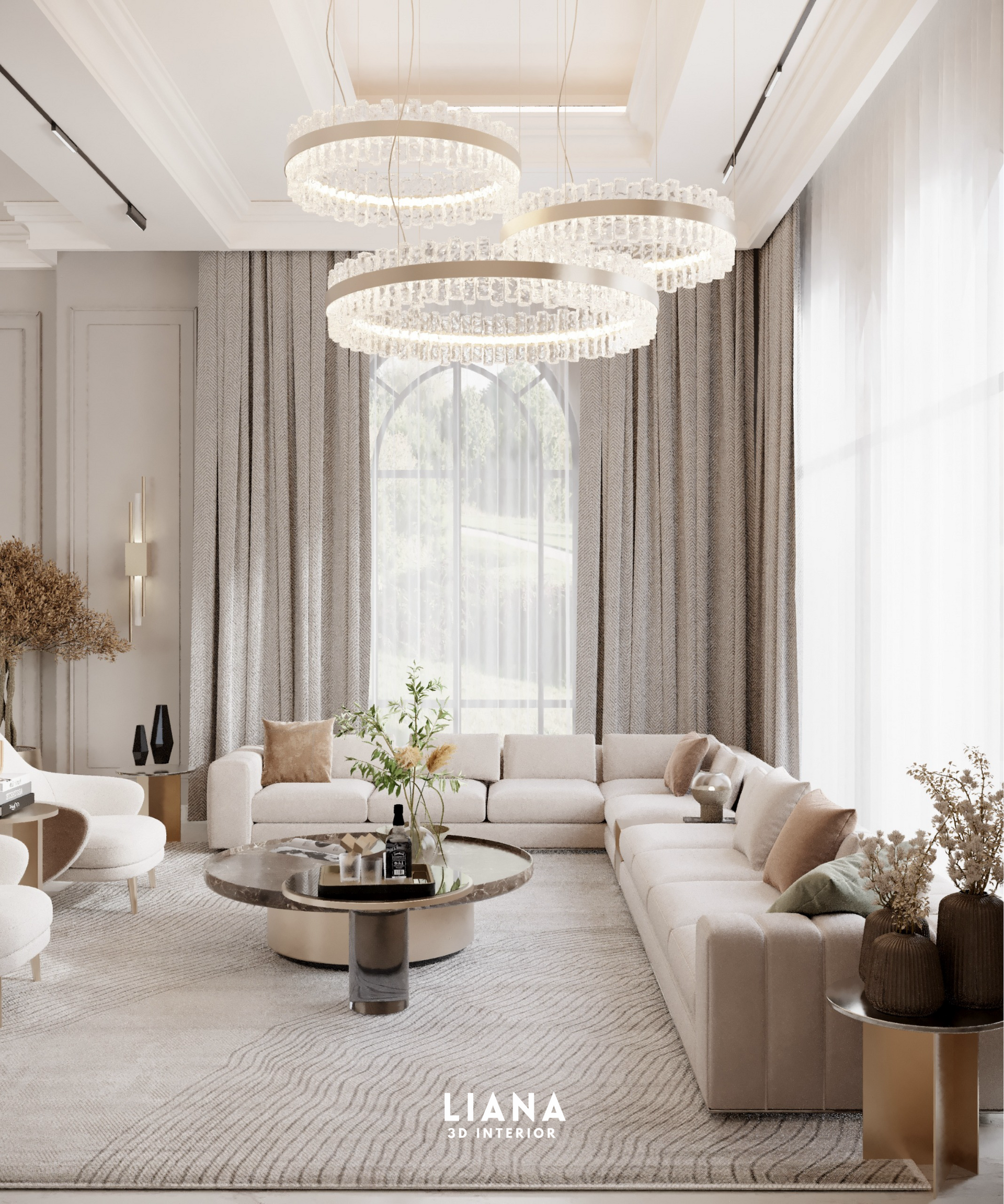 Luxurious living room with cream sectional, round coffee table, crystal chandeliers, and tall windows. Modern Interior and Visualization of Residential Space