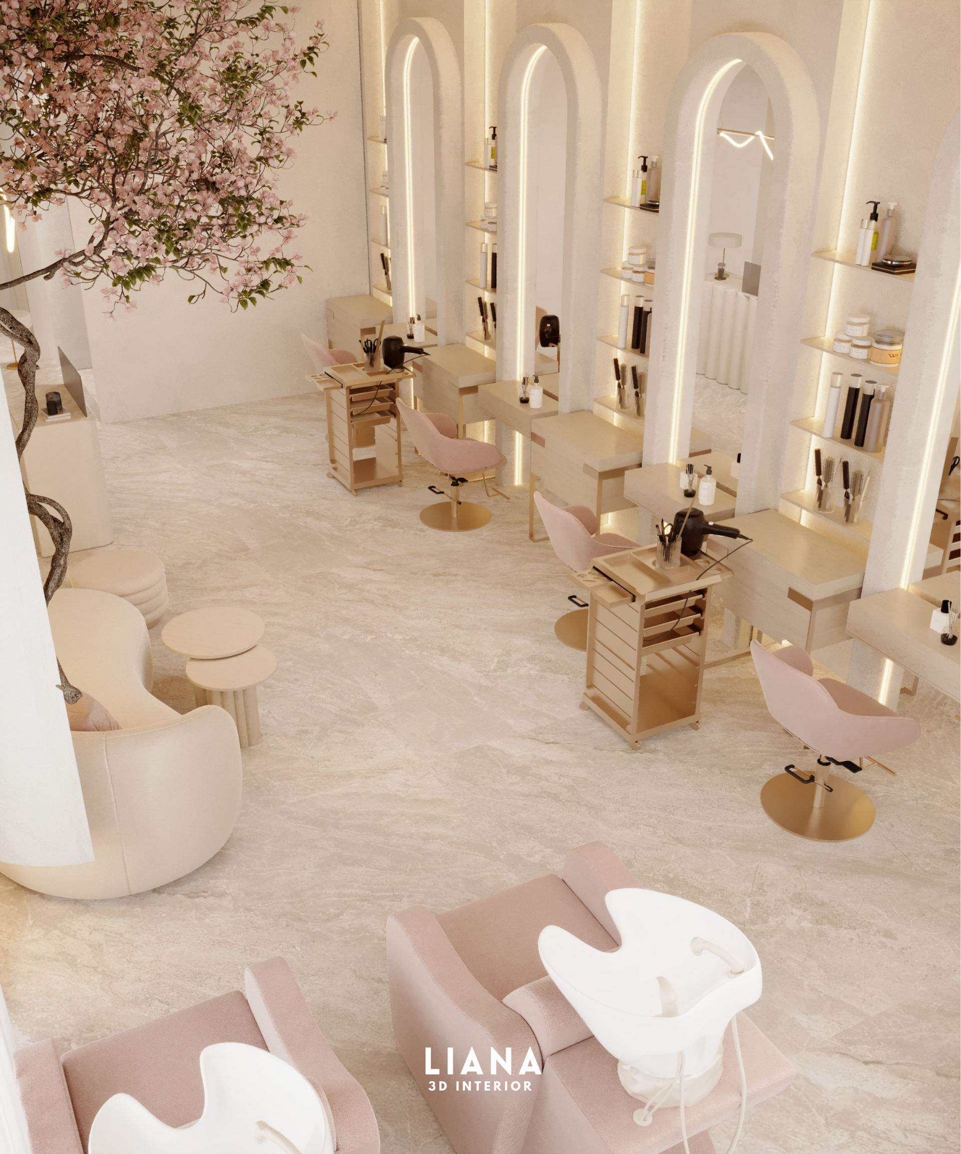 Elegant pink-toned hair salon interior with arched mirrors, pink chairs, and a cherry blossom tree. Salon rendering