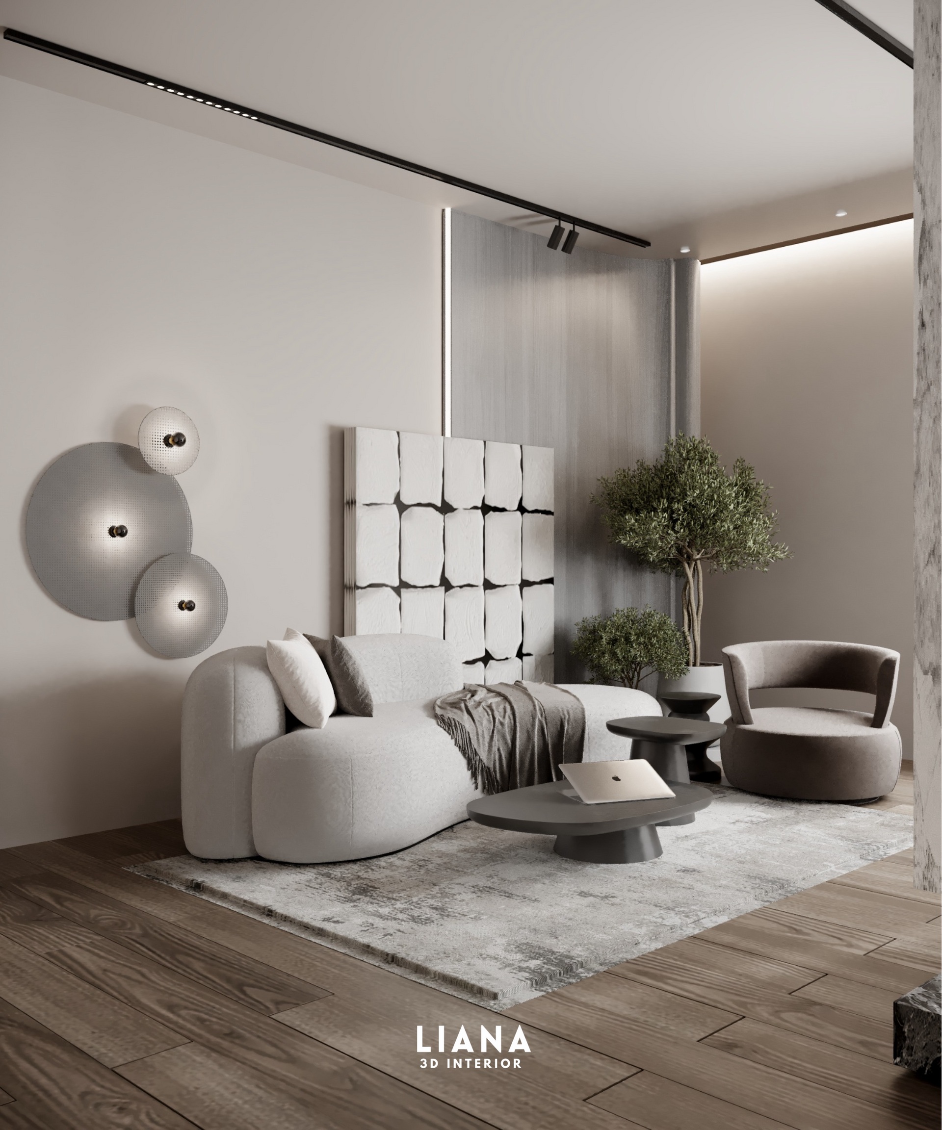 Modern living room with a plush white sofa, round chair, coffee tables, and decorative wall art. Luxury Interior Design and Visualization of Residential Space