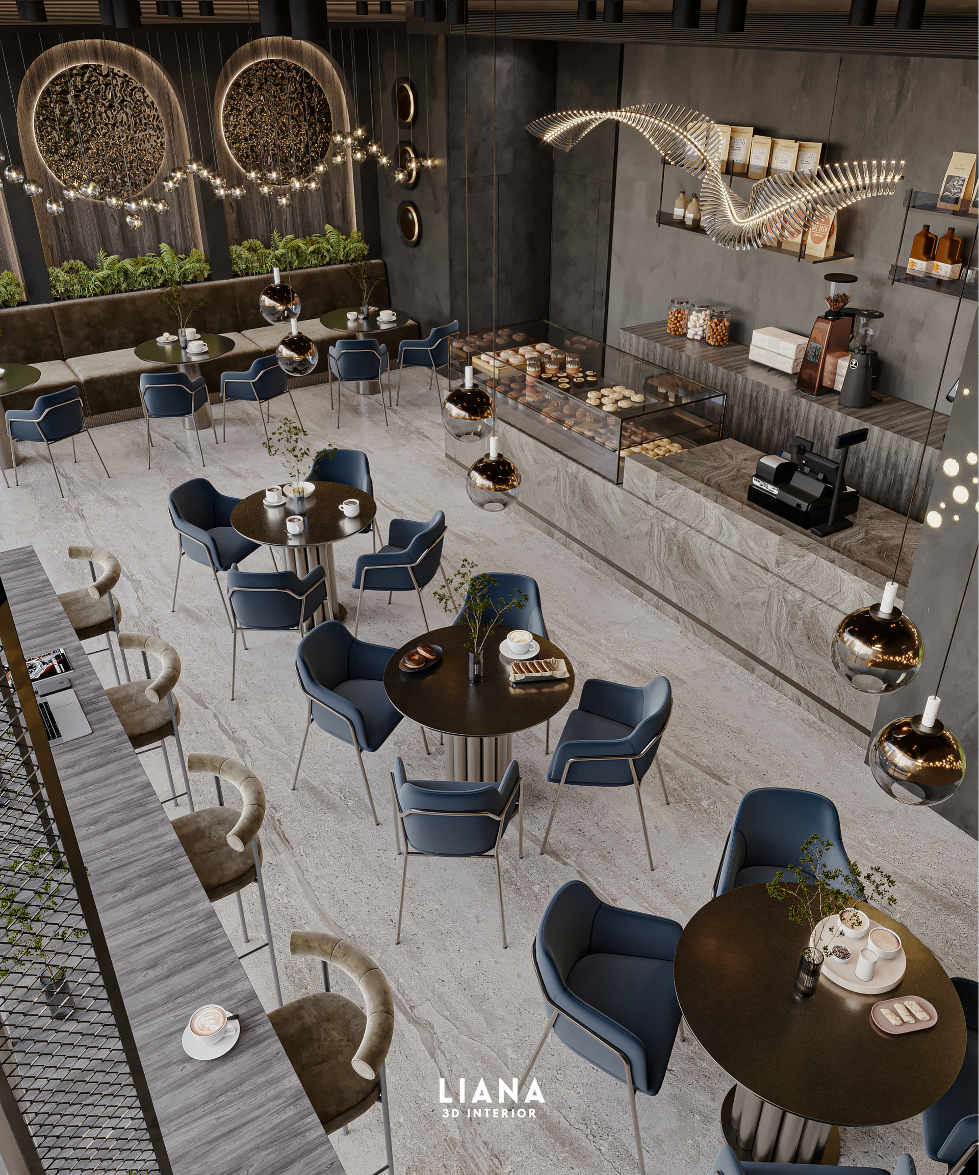 Upscale cafe interior with blue chairs, round tables, and bar. Commercial 3D Interior design
