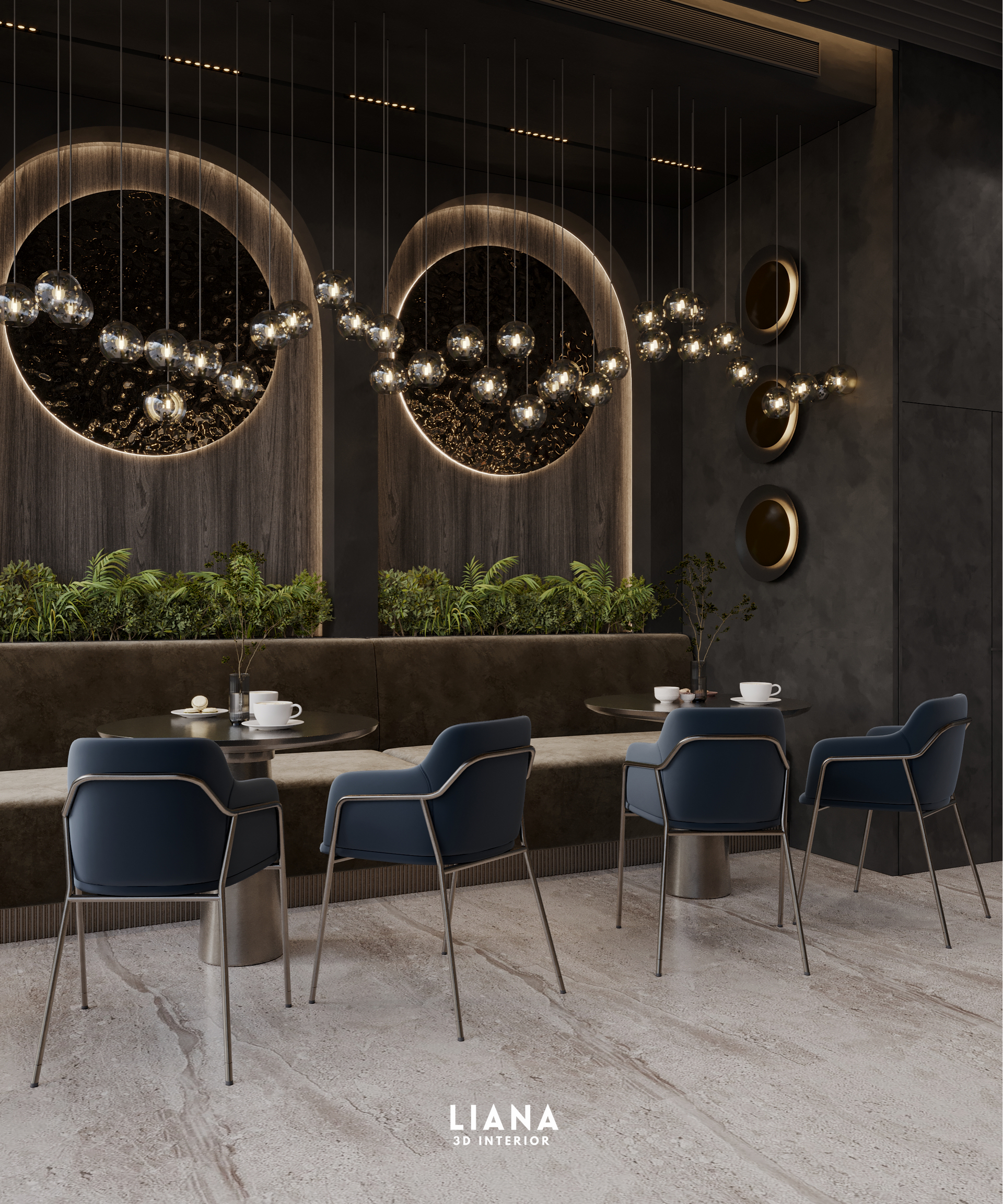 Stylish restaurant interior with dark walls, blue chairs, and decorative circular lights. Commercial Project Visual 3D Interior 