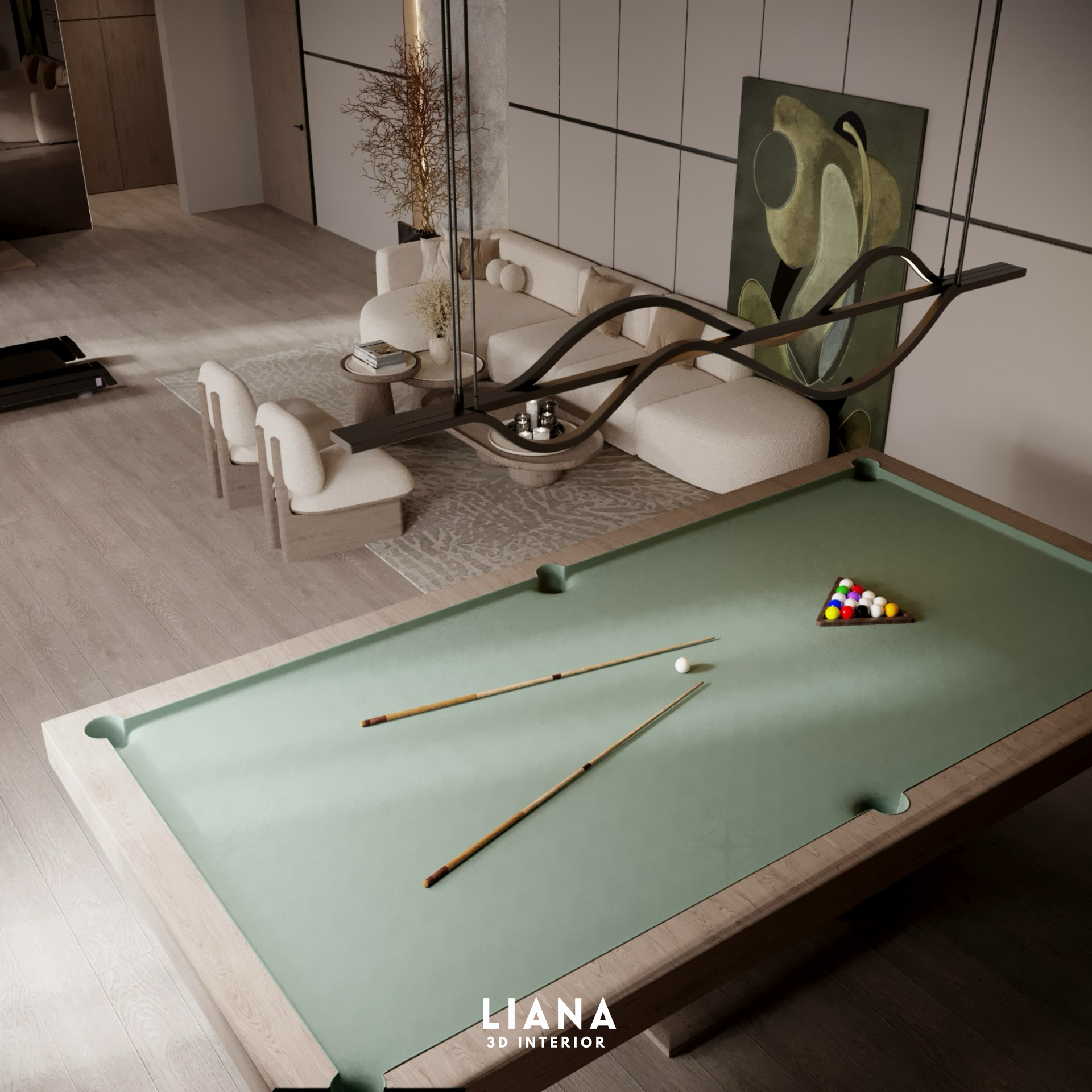 A modern interior with a pool table, couch, and artwork in a bright space. Pool Table 3D Interior Design Visualization