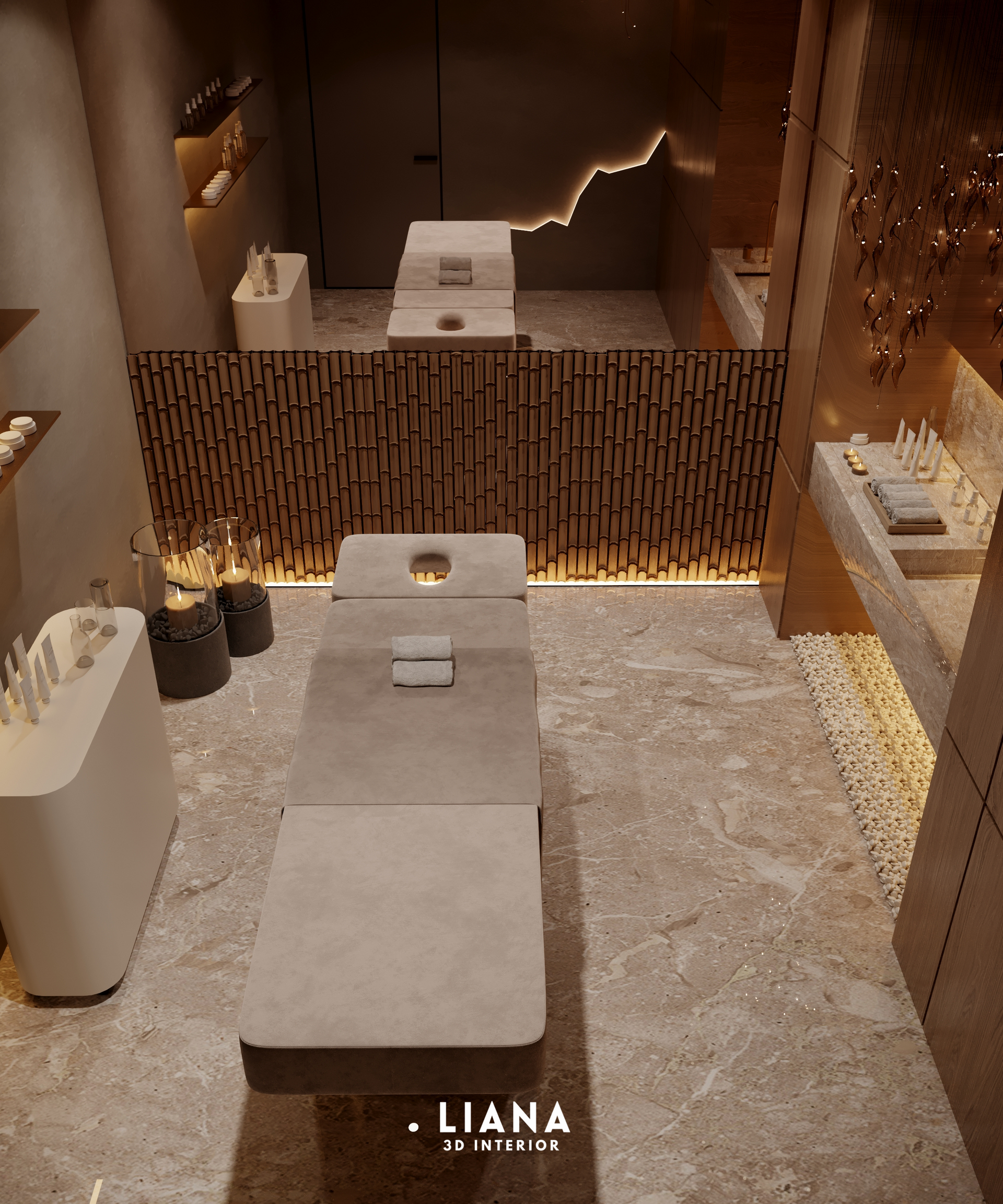 Modern outdoor seating area with lounge chairs, fire pit, and illuminated wall accents. Modern and Luxury Villa Exterior Design Visualization 