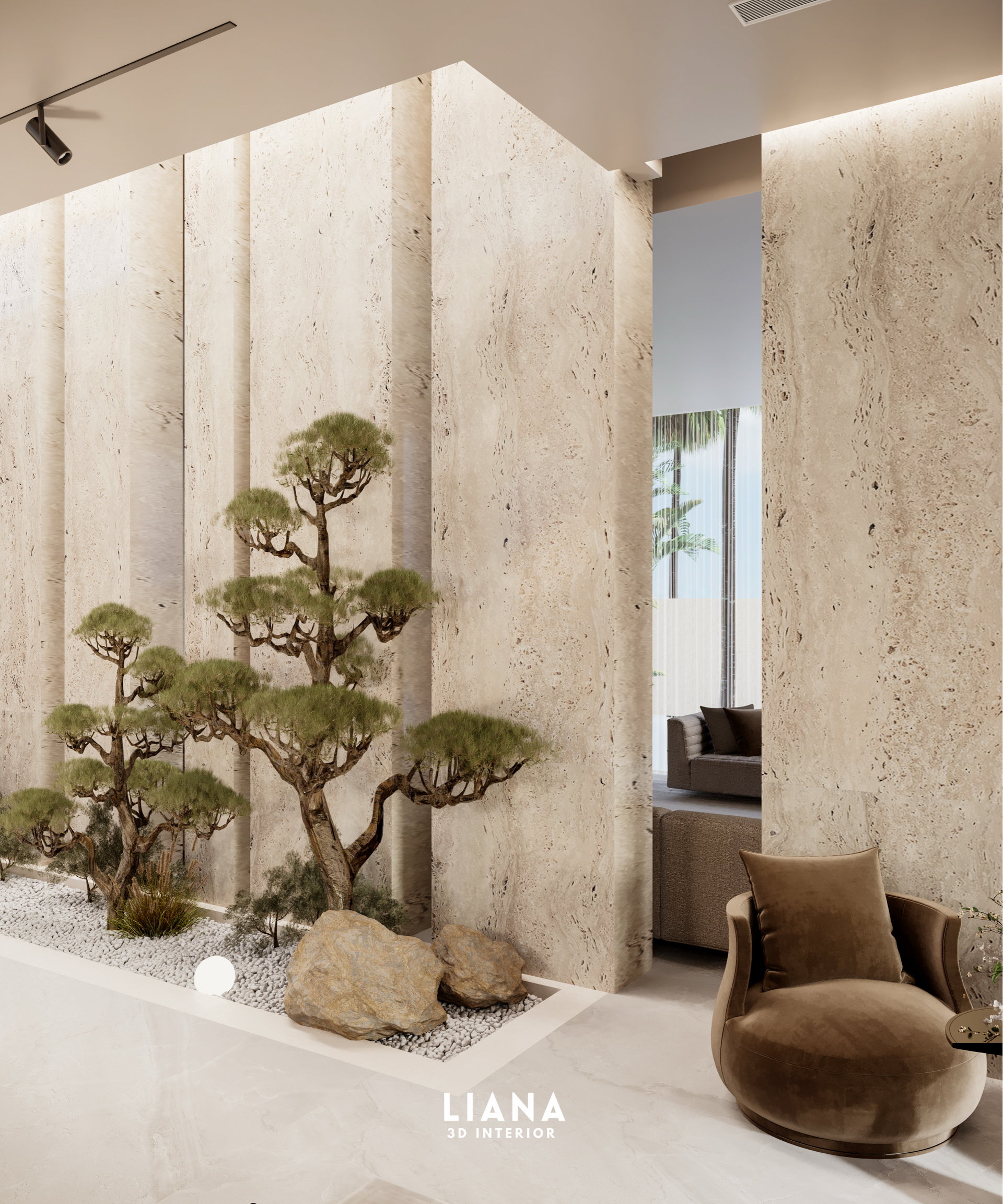 Modern interior with bonsai tree, textured wall, and a cozy brown chair.Home Design