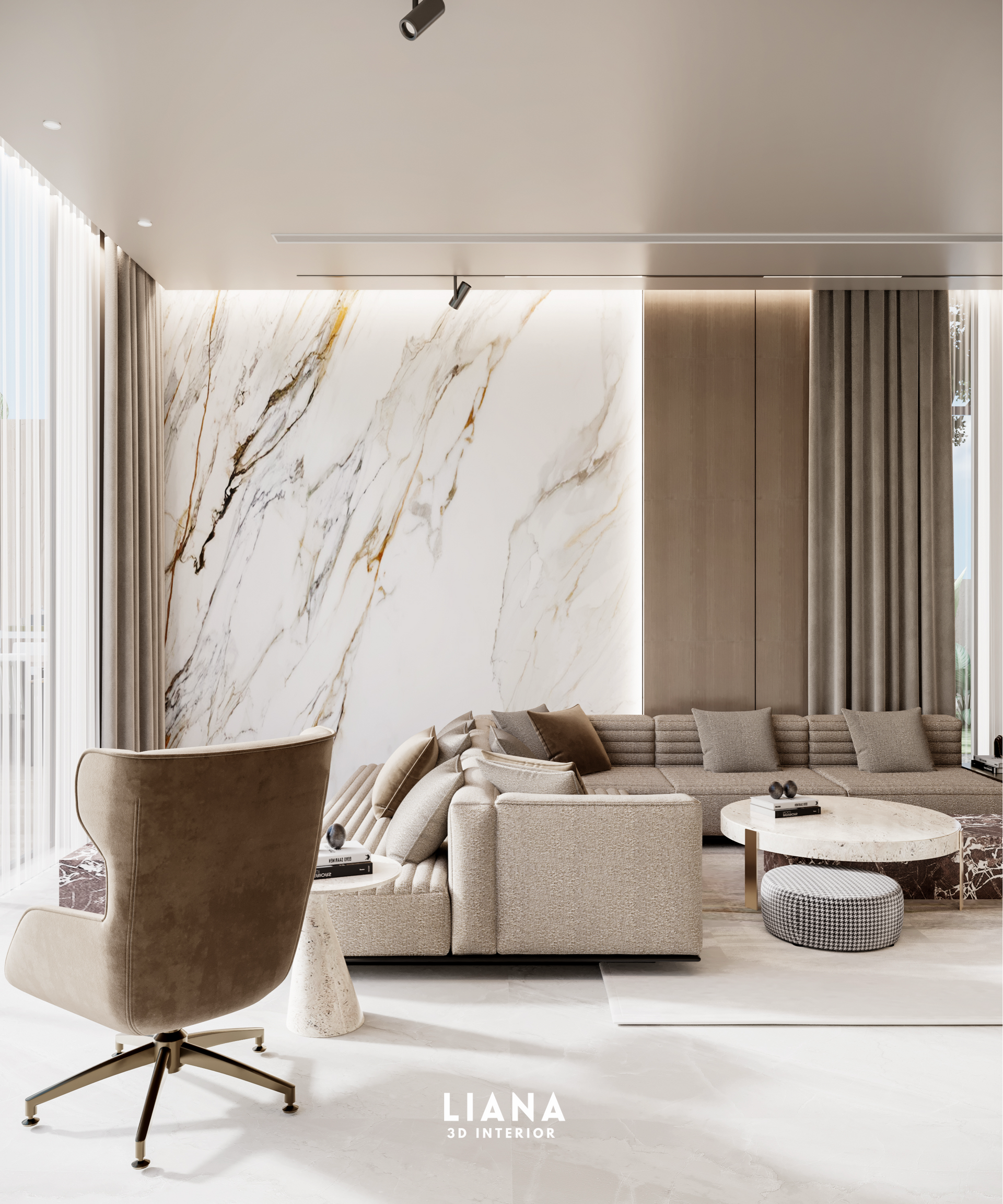 Luxurious living room with marble wall, beige sofa, and modern arm chair.3D Home Residential Design, Interior Visualization