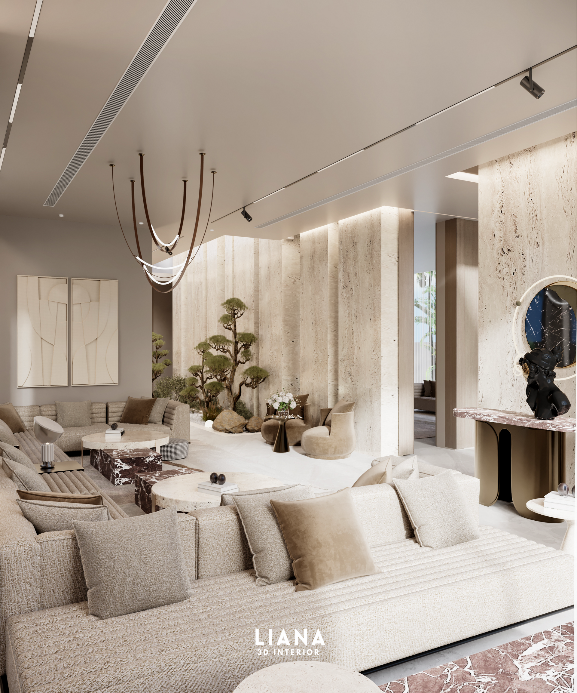 Cozy living room with a large cream-colored sofa, minimalist decor, and a serene indoor garden. Interior Visualization