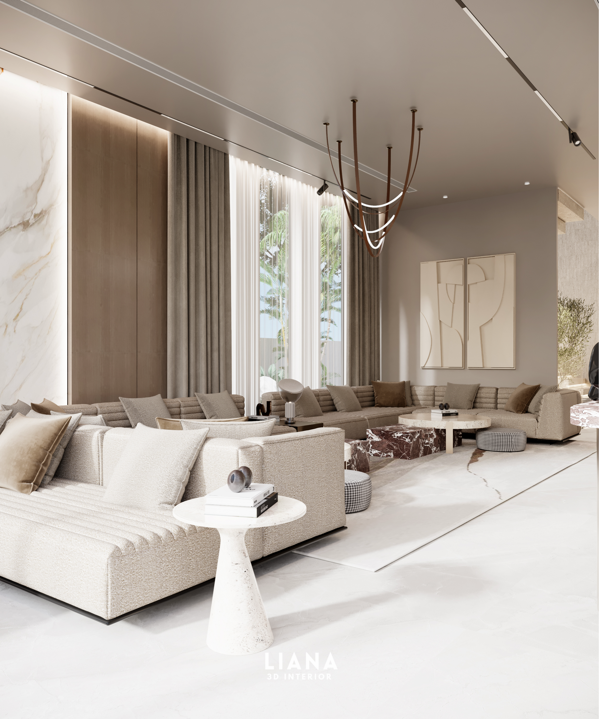 Modern living room with large beige sectional sofa, white floors, and neutral color palette. Home Styling 3D Interior Architecture
