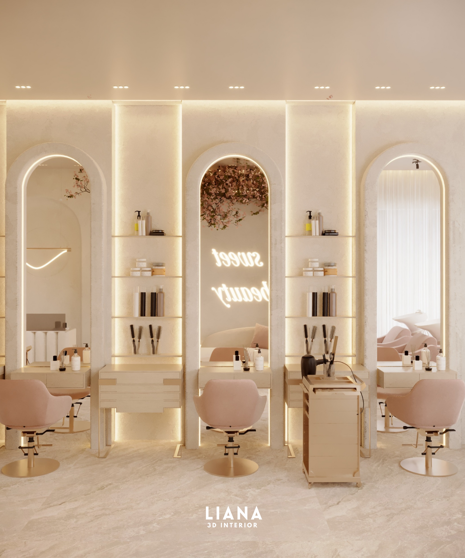 Salon interior with blush pink chairs, arched mirrors, and neutral decor. A 