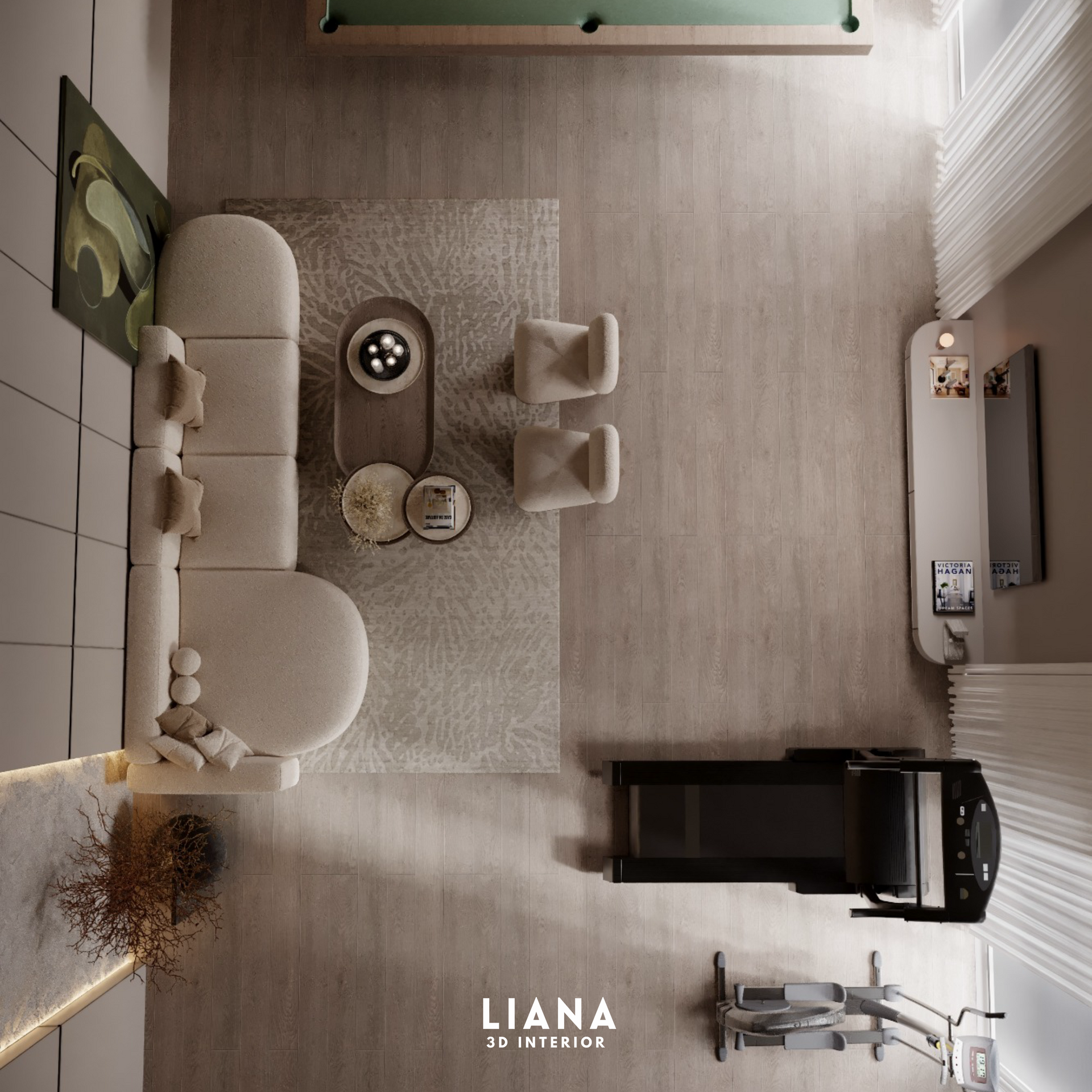 Top-down view of a modern game room with a pool table, sofa, treadmill, and fitness equipment. 3D visualization