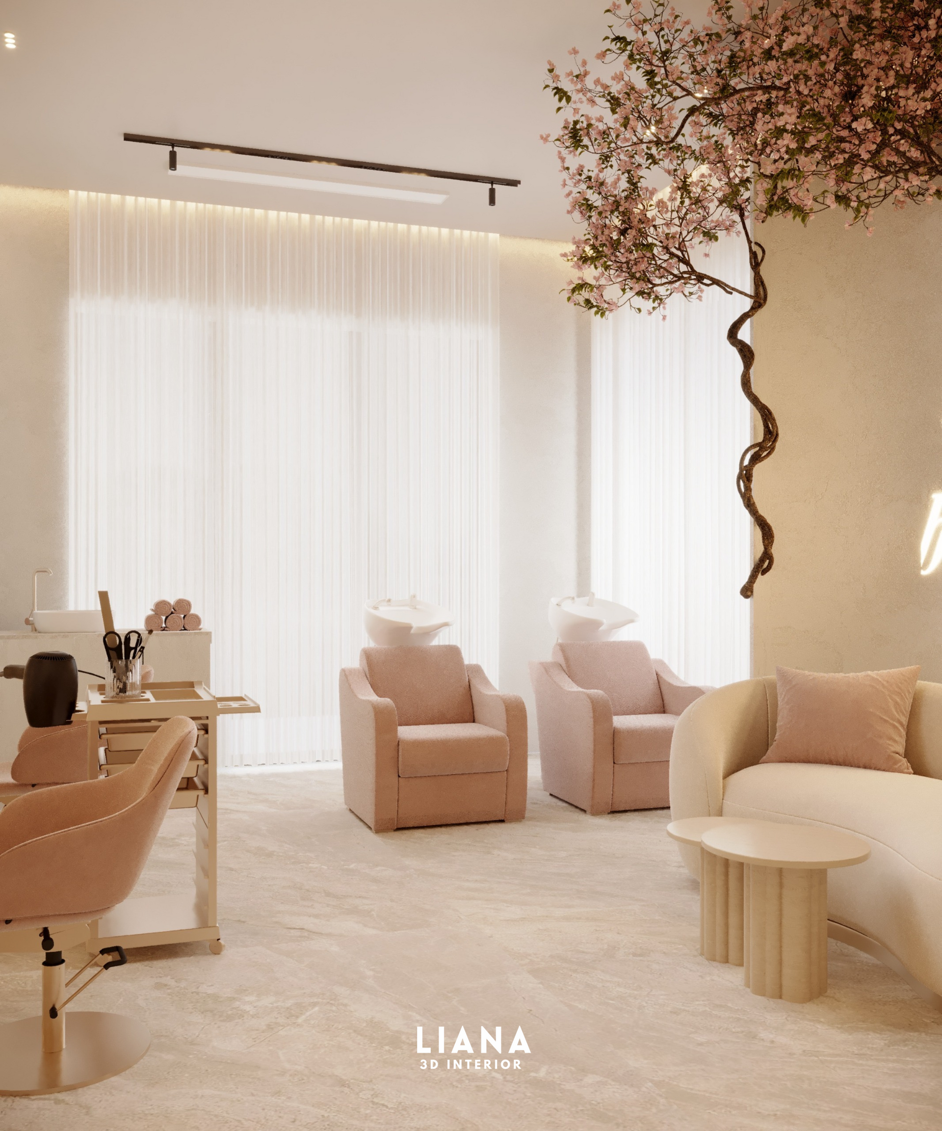 Elegant salon interior with blush pink accents. Includes chairs, a sofa, and a faux cherry blossom tree.