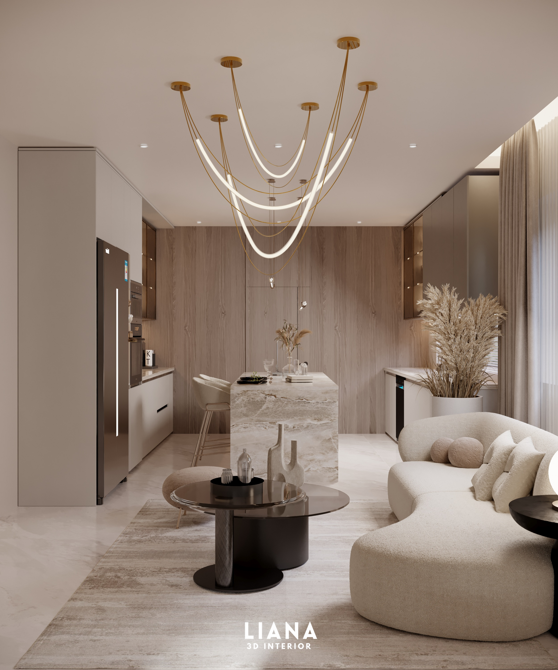 Modern kitchen and living room. Neutral tones with a curved couch, island, and unique chandelier.