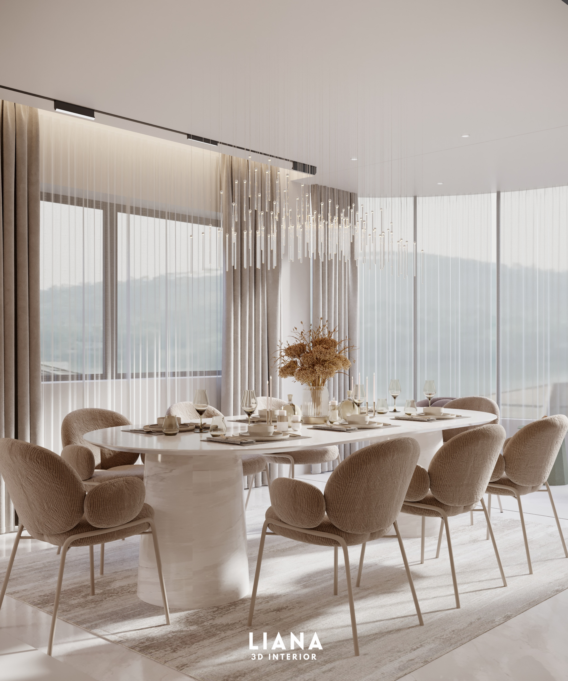 Elegant dining room with oval table, plush chairs, and a view of a mountain. Soft beige tones. 3D Interior Visualization