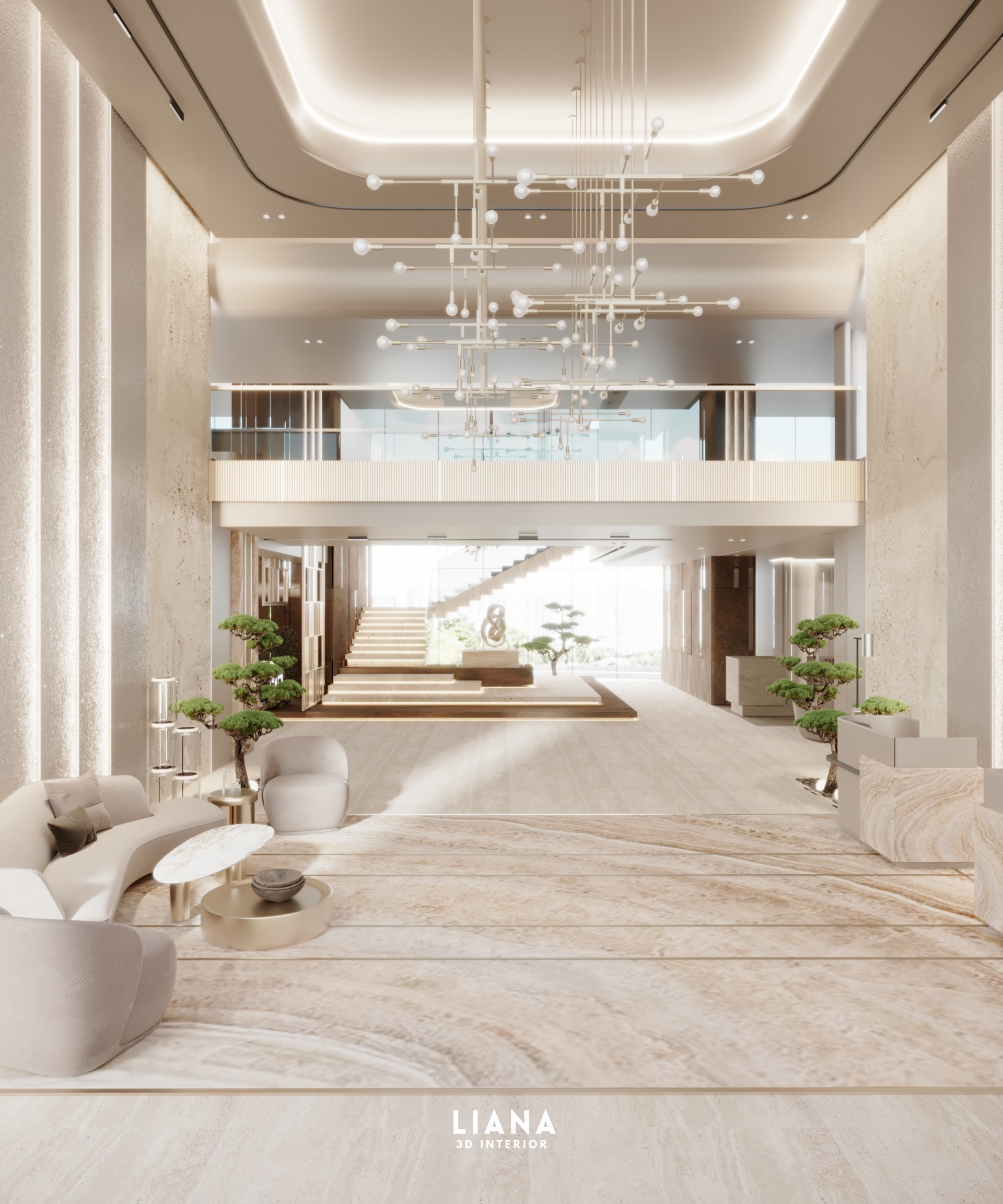 Luxurious living room with cream-colored furniture, large window, and modern lighting.