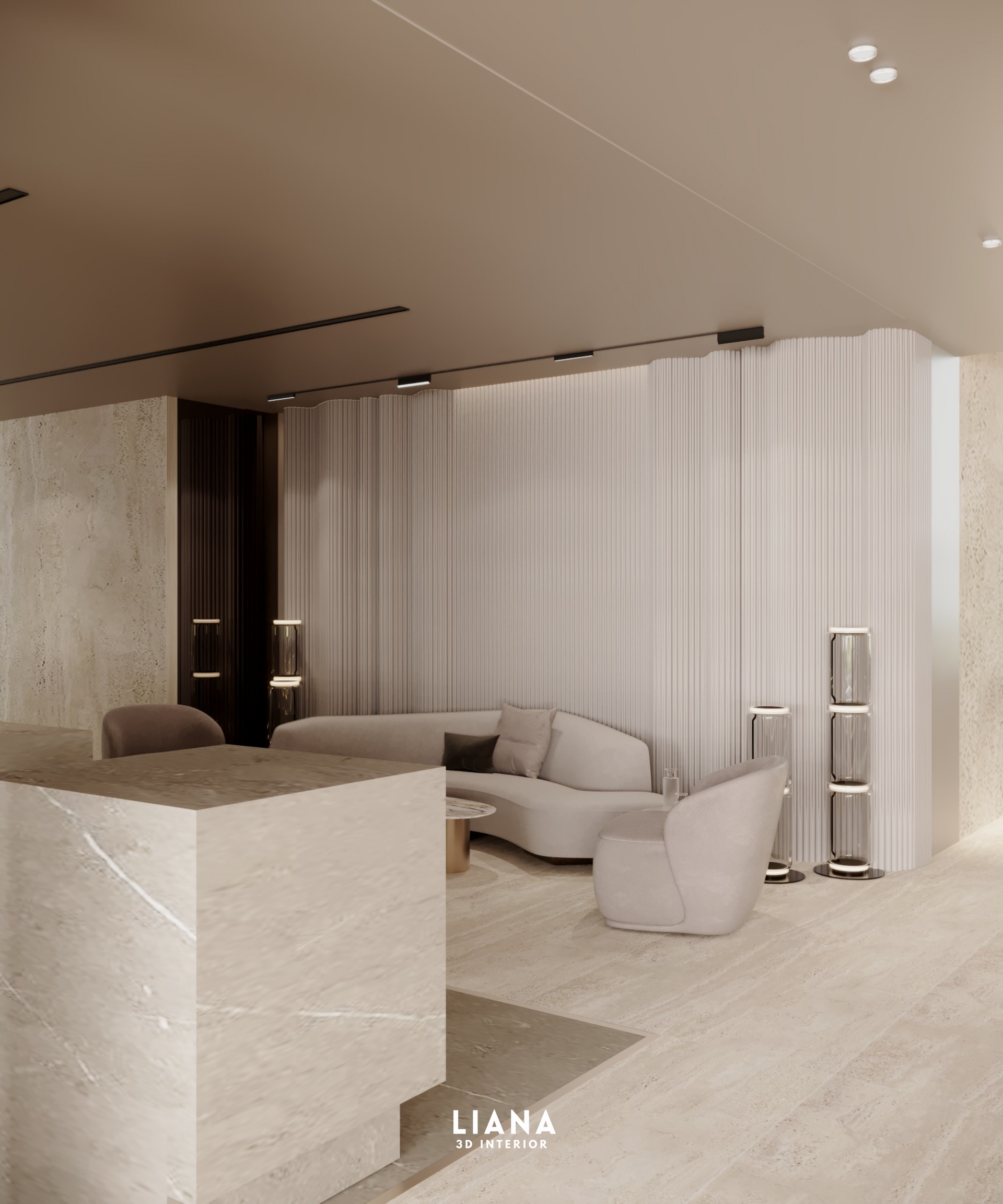 Modern beige interior with seating area. Curved sofa and armchair in front of a ribbed wall, with a large stone countertop.