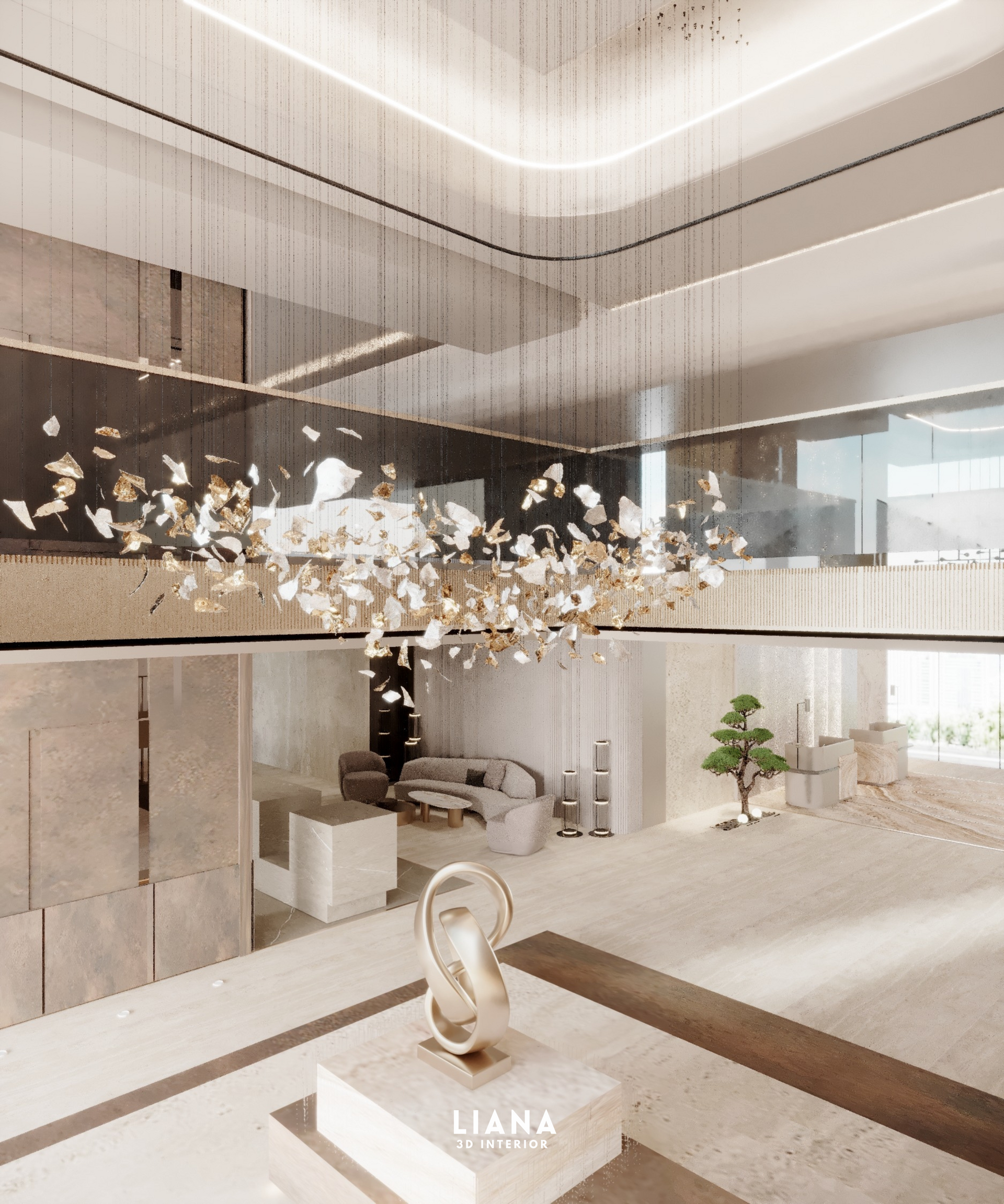 Elegant, light-filled interior with large chandelier, sculpture, neutral tones, and multiple levels.3D Interior Visualization
