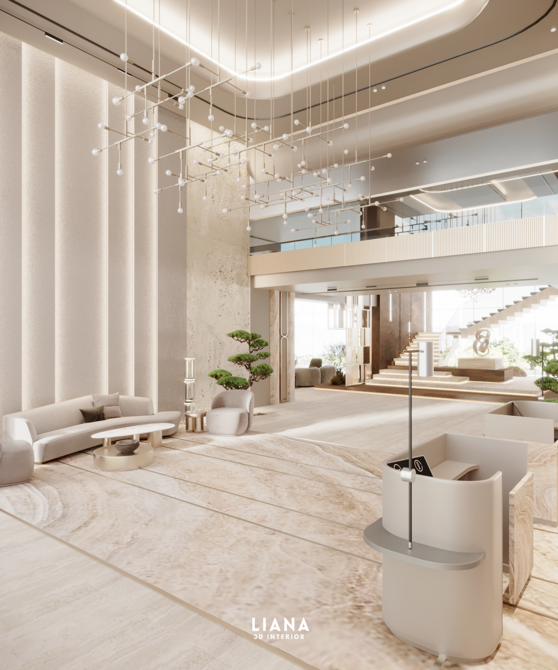 Elegant lobby with light beige tones, curved sofa, modern chandelier, and a bonsai tree. Hotel Lobby Design 3D interior Visualization