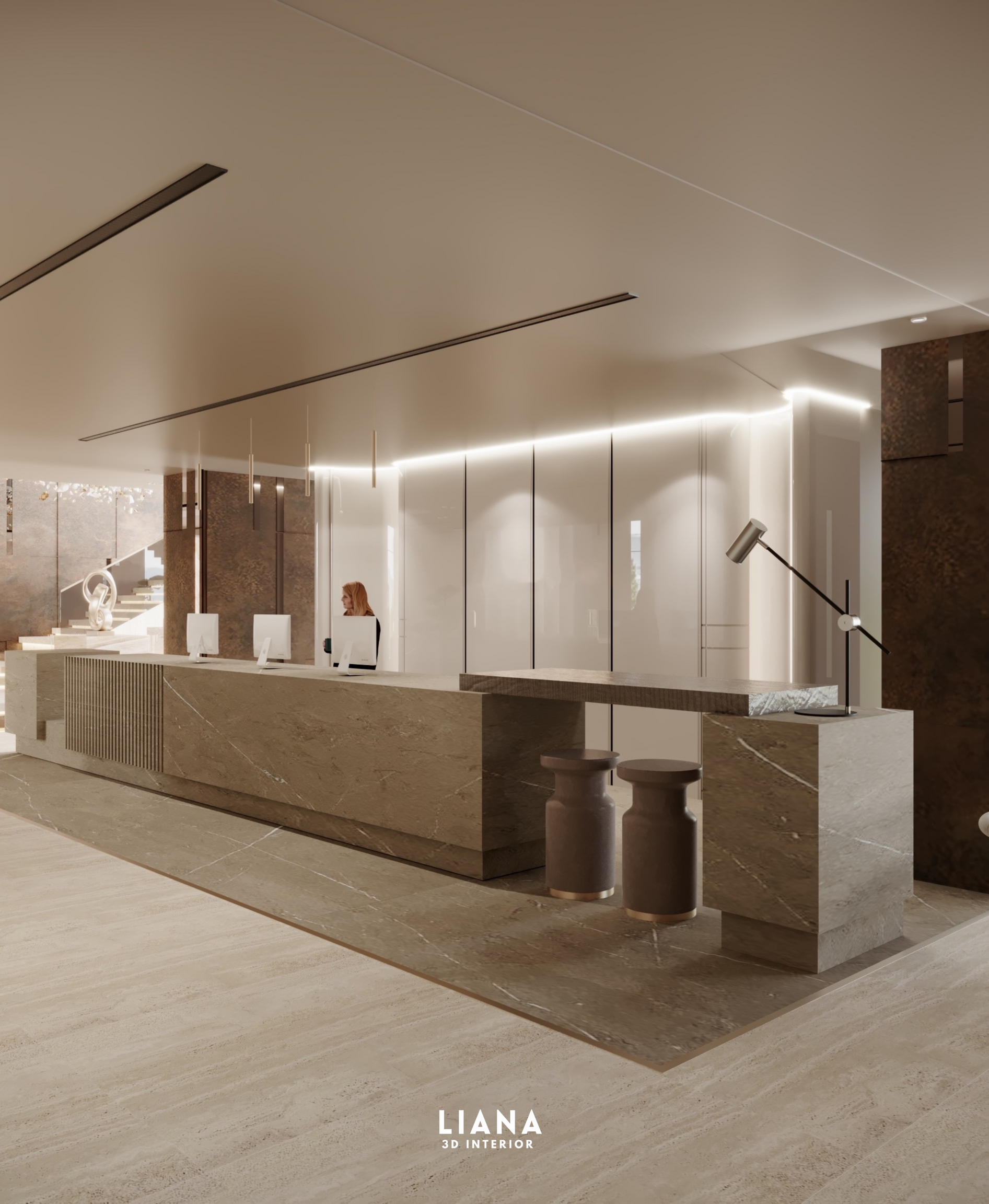 Modern hotel reception desk with person behind it. Neutral tones, overhead lighting, and decorative elements.