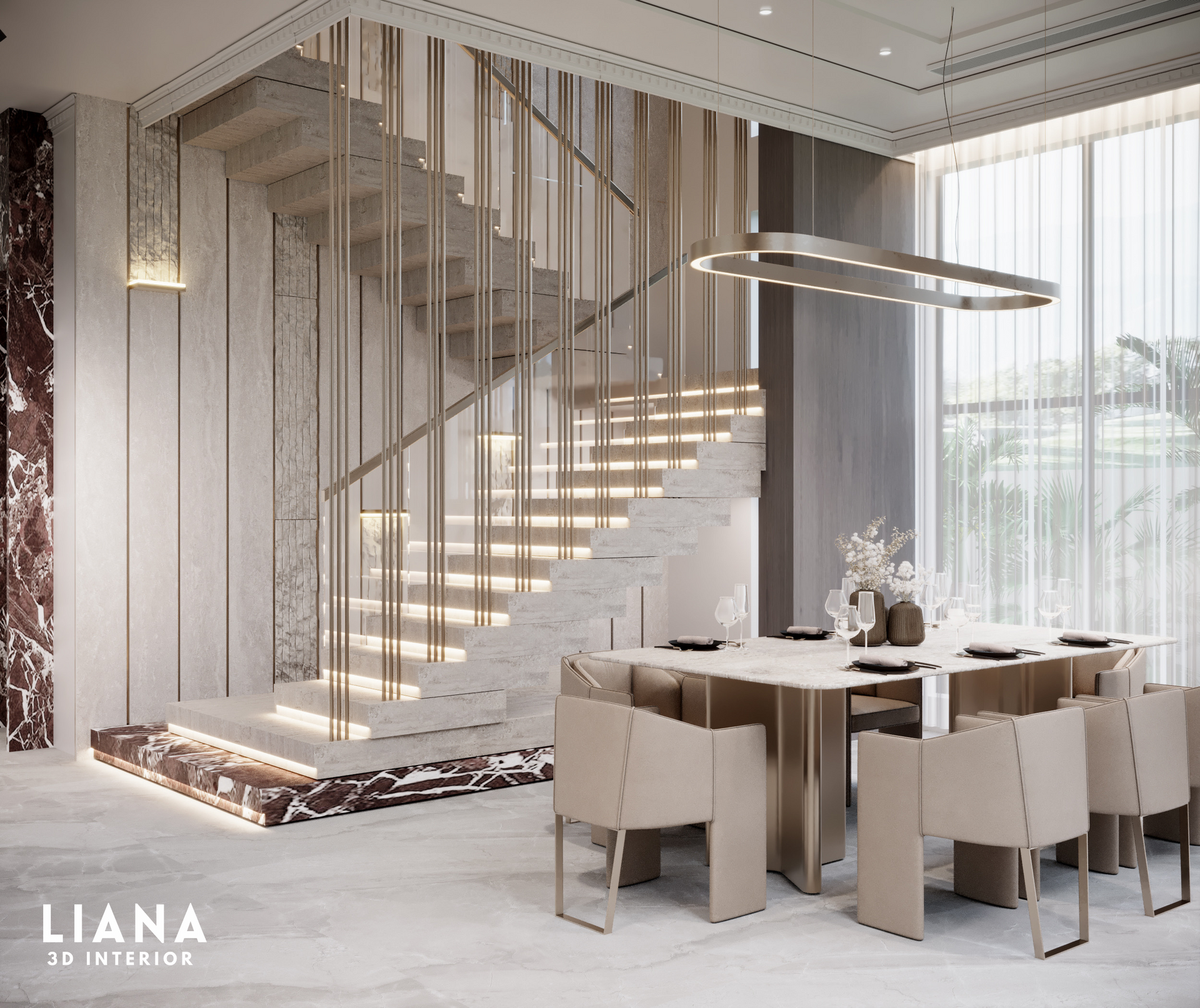Modern home office with desk, chair, and large monitor. Neutral tones, natural light, and artistic elements.